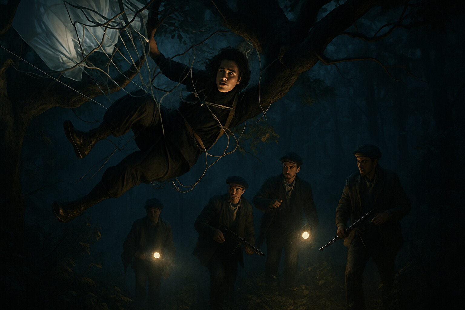 Wake parachuting at night, tangled in tree branches while Maquis reception committee approaches with flashlights