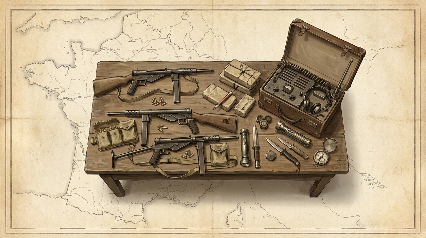 breakdown of SOE weapons and equipment used by the Maquis - Sten guns, plastic explosives, radio equipment