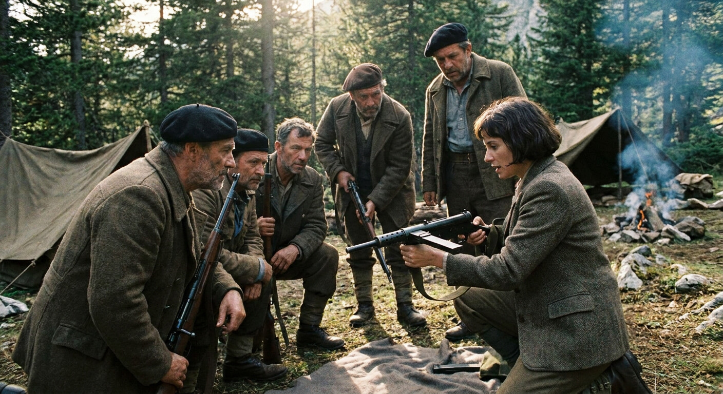 Wake training Maquis fighters in weapons handling around a forest camp