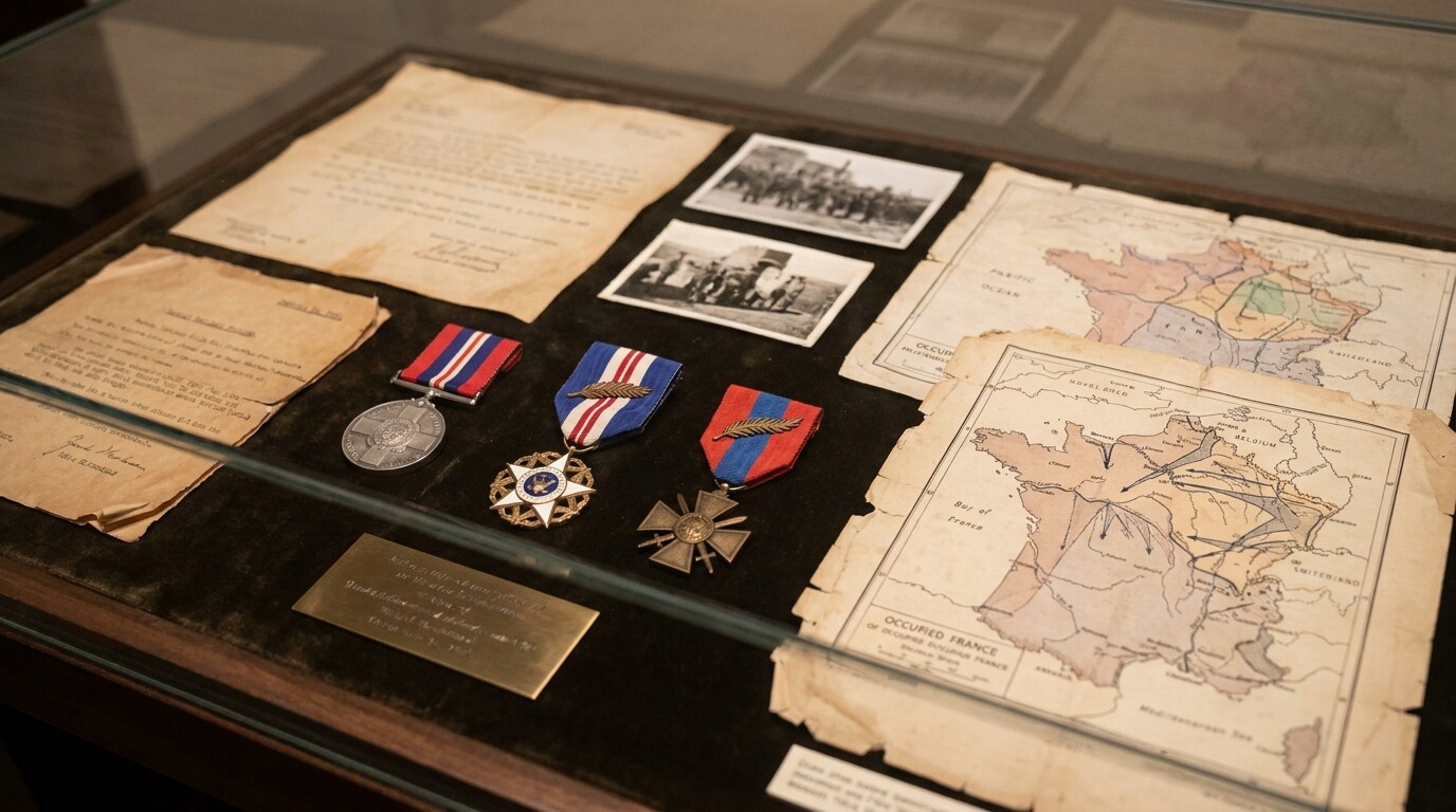 Post-war scene showing Wake's medals and decorations alongside archival documents and photographs from her SOE service