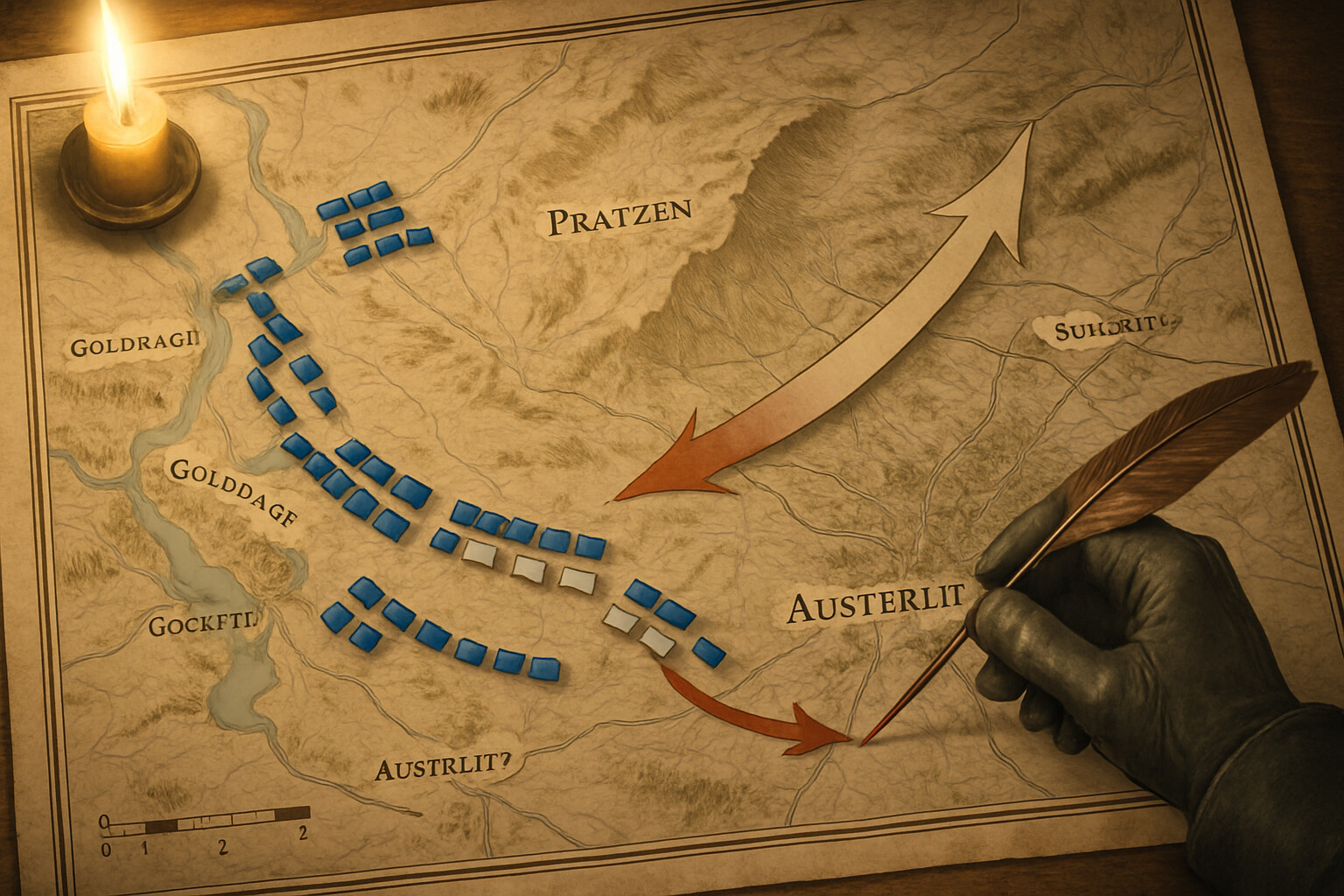 The tactical map: a bird's-eye illustrated overview of the Austerlitz battlefield showing the French positions, the Pratzen Heights deliberately left thin, and the allied flanking columns beginning their southward march