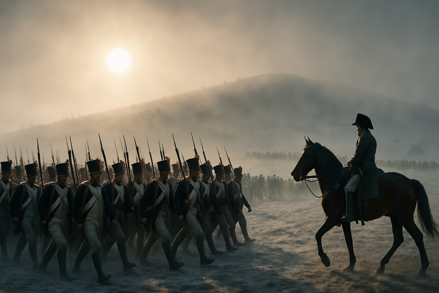 The fog lifts: Soult's infantry divisions at the moment they step off toward the Pratzen, the winter sun burning through the fog above the plateau, blue-coated columns advancing across the frost-covered fields