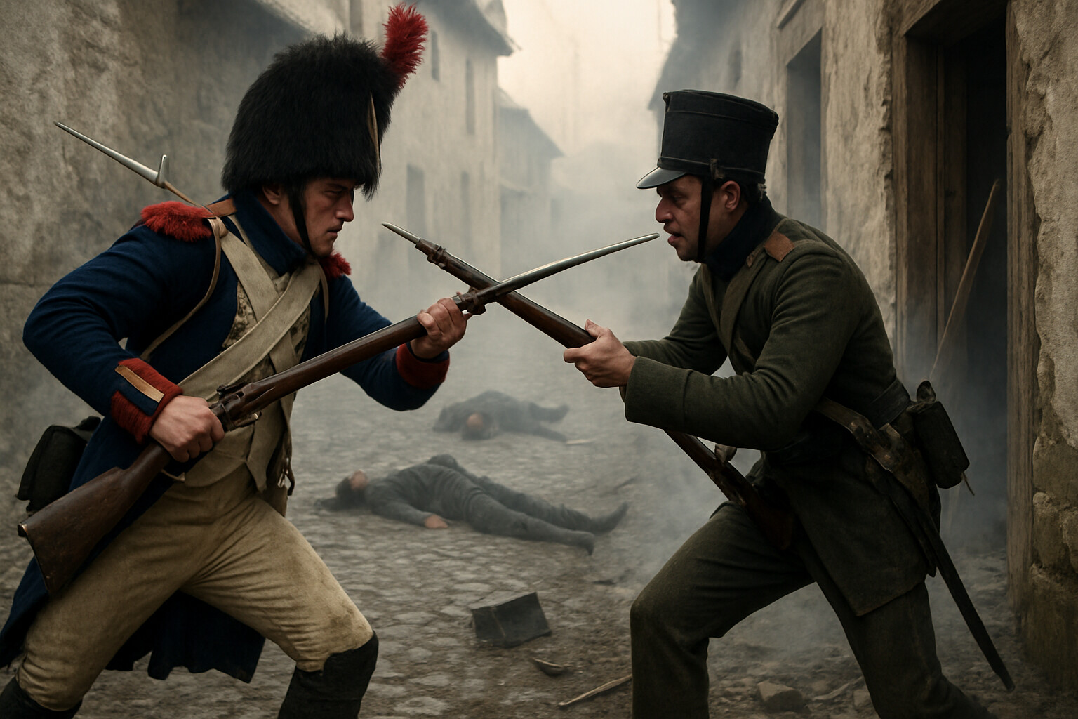 Intimate human scene: a French grenadier and a Russian musketeer in a frozen moment of close-range combat in a village street at Telnitz or Sokolnitz, bayonets extended, smoke and broken stone around them