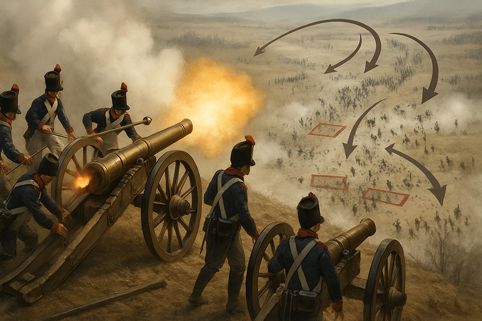 The aftermath: French artillerists on the Pratzen Heights firing down into the trapped allied columns in the Goldbach valley below, smoke rising, allied formations dissolving in the low ground