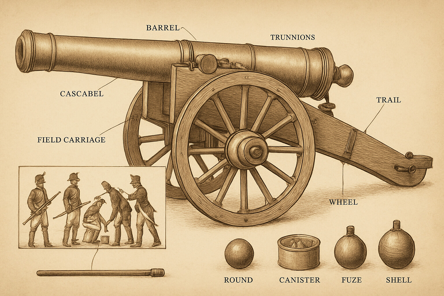 Source and technical panel: a period Gribeauval artillery gun in technical cross-section and detail, as if rendered in a contemporary military engineering illustration