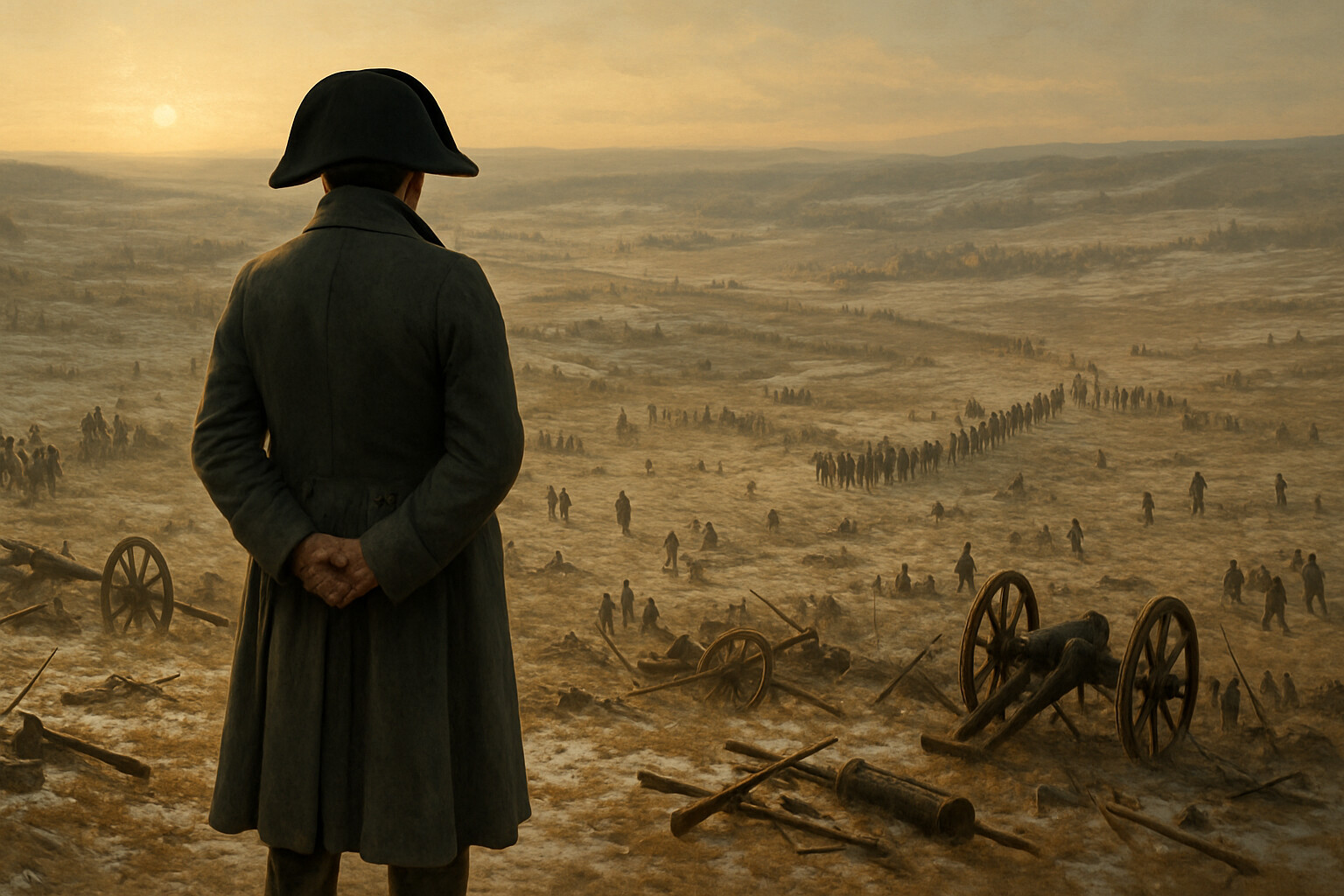 Legacy scene: Napoleon alone on the Pratzen Plateau after the battle, surveying the field below, the winter light fading, the vast and terrible evidence of the day's work spread across the plain