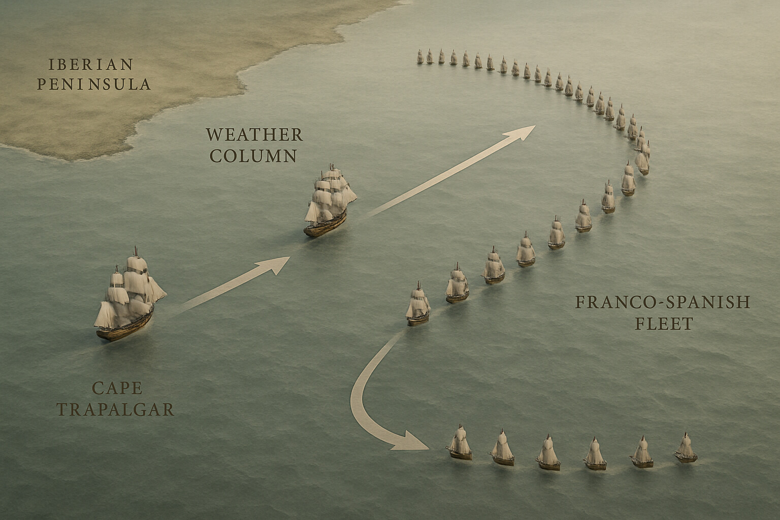 Tactical map panel: the two British columns approaching the Franco-Spanish crescent in a perpendicular attack, with ship positions labeled. Clean, documentary map aesthetic showing the geometry of Nelson's plan.