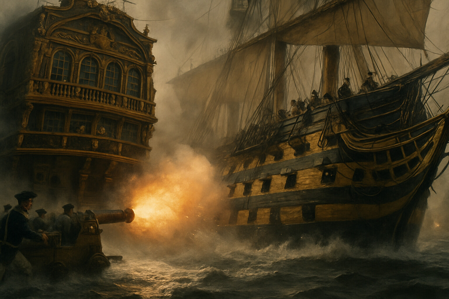 HMS Victory breaks the line: the flagship passes under Bucentaure's stern at near point-blank range, gun smoke erupting from the carronade on the forecastle. The two ships nearly touching, gun crews at work.