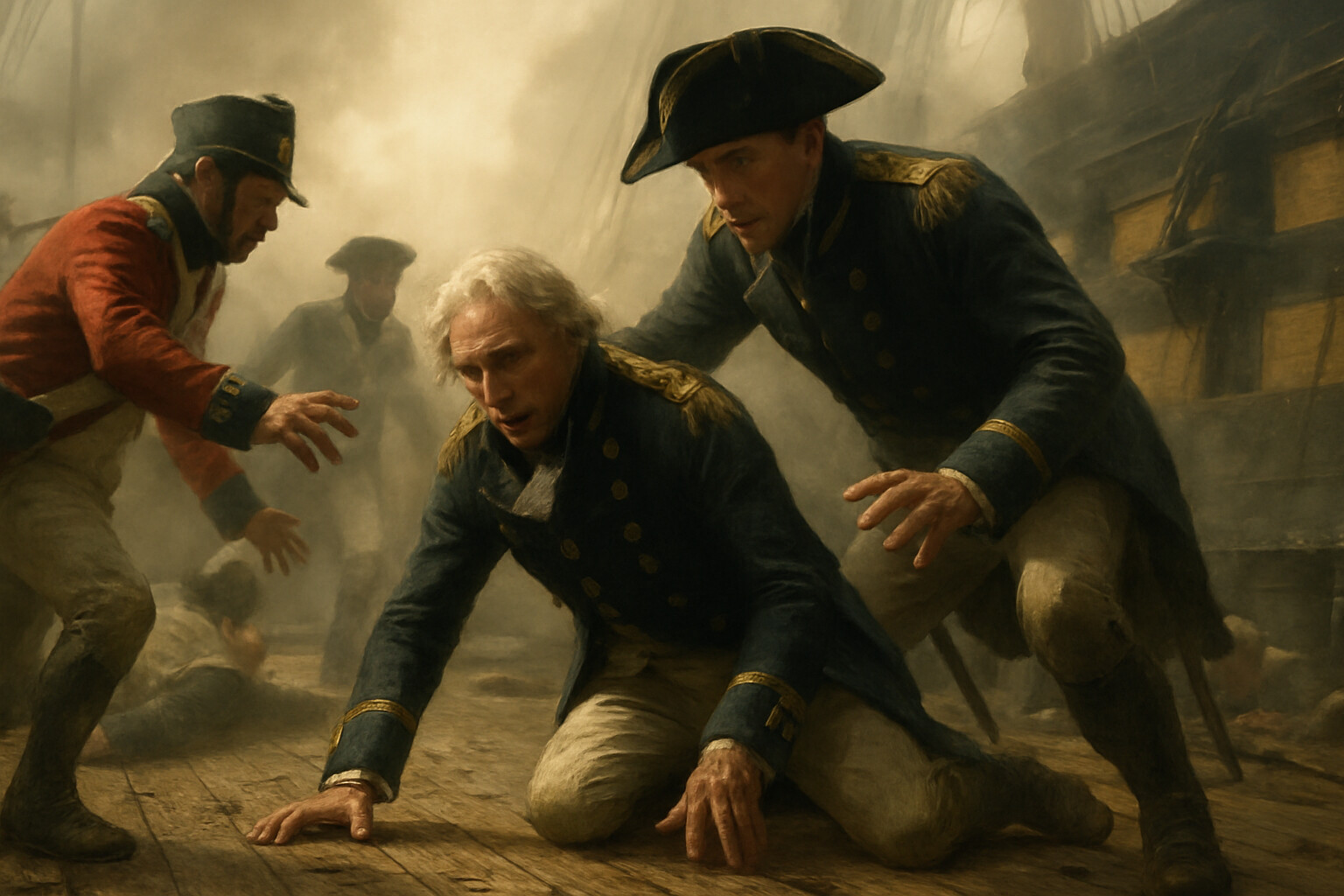 Intimate human scene: Nelson falls on Victory's quarterdeck. He has been struck by the musket ball. Captain Hardy and other officers reach toward him. Redoutable looms alongside, its tops filled with smoke.