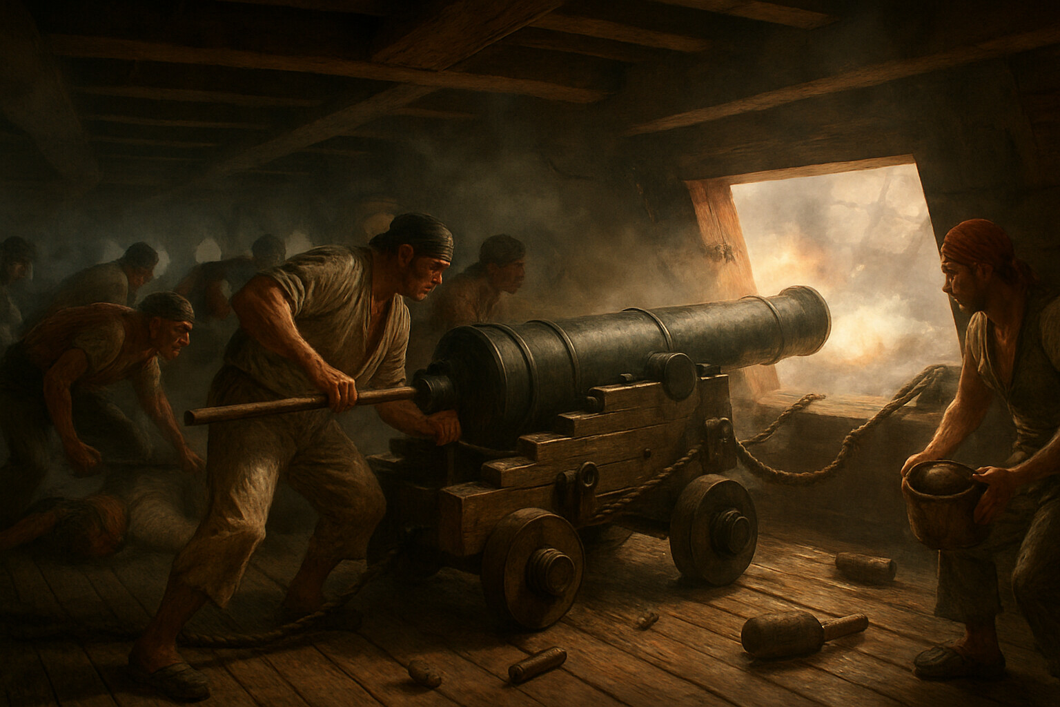 Equipment detail: a Royal Navy 32-pounder long gun and its crew aboard a British ship of the line during the battle, shown in the act of loading and running out. The gun deck is smoky, deafening, and close.