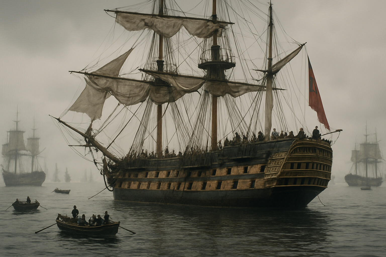 Legacy and record: HMS Victory entering Gibraltar or Portsmouth harbor with her battle damage clearly visible — shot-through masts, hull damage, patched sails — carrying Nelson's body home. A moment of triumph and grief.