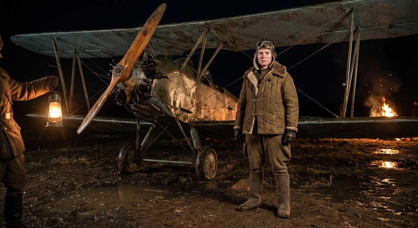 Night Witches preparing a Po-2 on a rough wartime strip