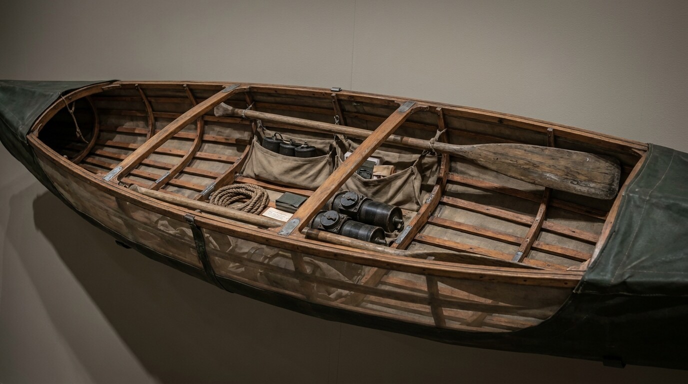 cutaway view of a Cockle Mark II canoe showing its collapsible wooden frame construction and canvas covering, with equipment layout