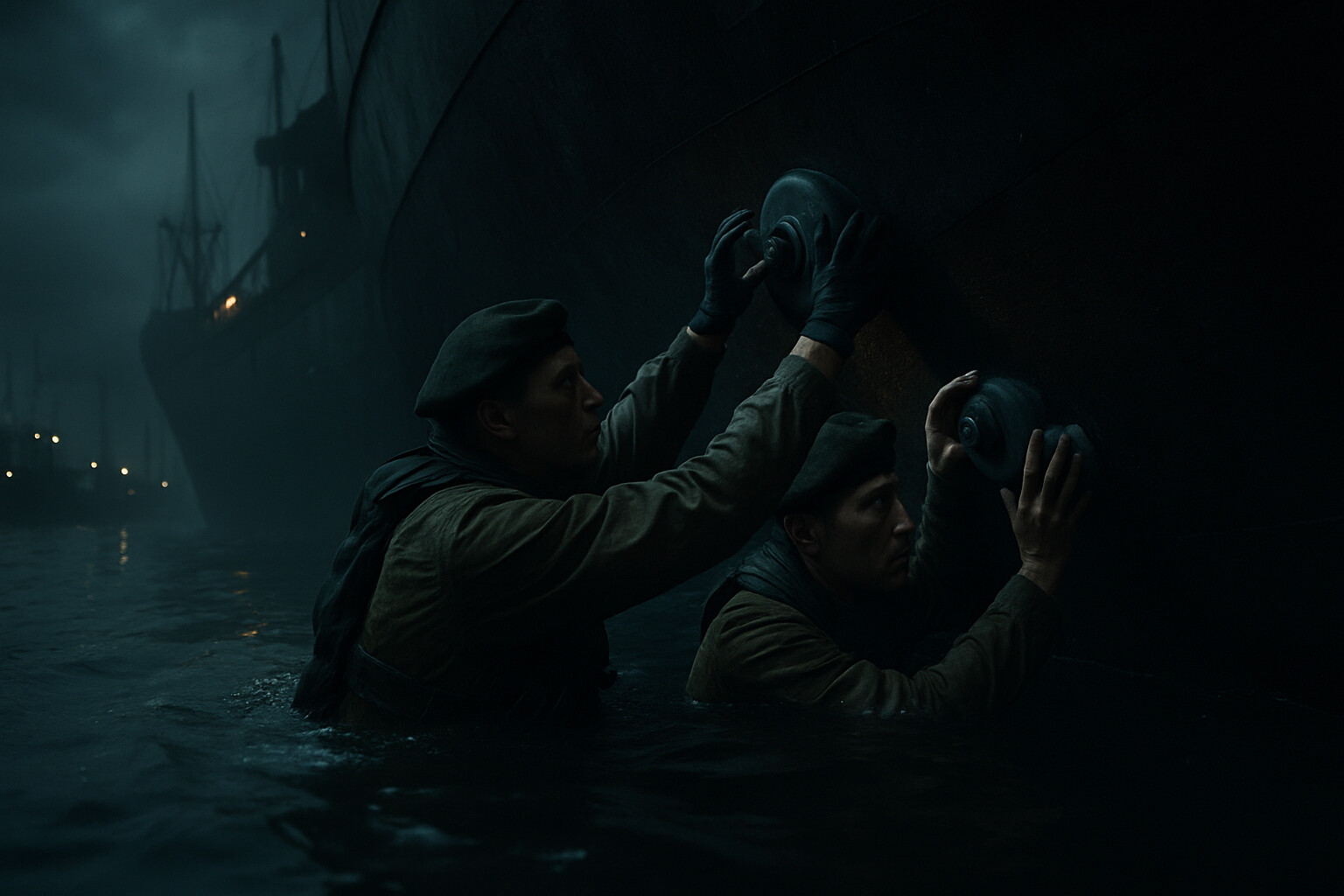Royal Marines attaching limpet mines to the hull of German cargo ship Tannenfels in Bordeaux harbor under cover of darkness