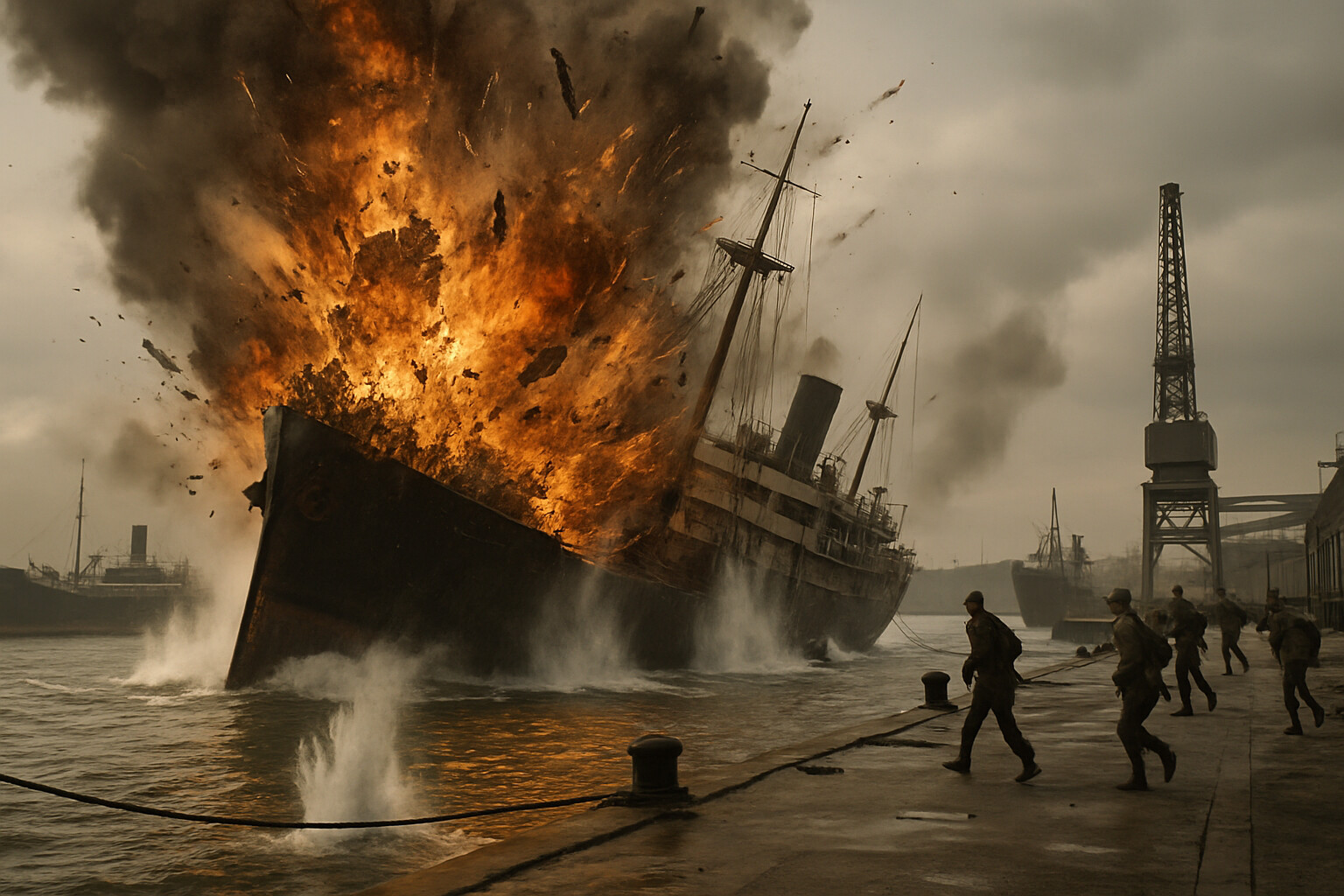 German cargo ship Tannenfels exploding and sinking at its moorings in Bordeaux harbor during daylight, with other ships nearby