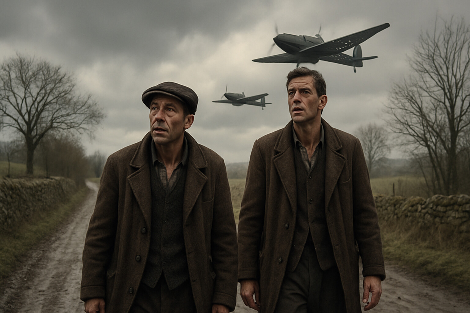 Hasler and Sparks in civilian clothes walking along a rural French road during their escape to Spain, with German search aircraft overhead