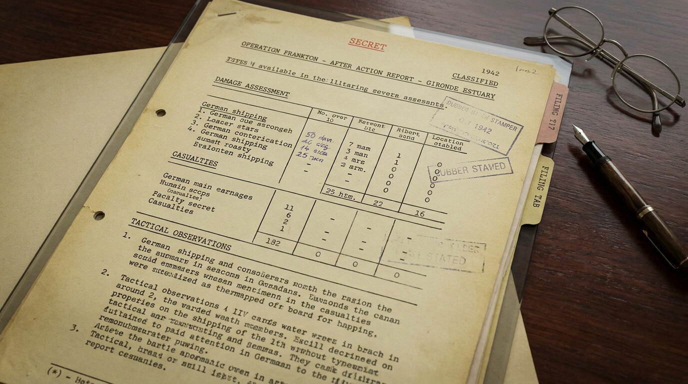 Archive photograph or document showing the official after-action report of Operation Frankton with damage assessment