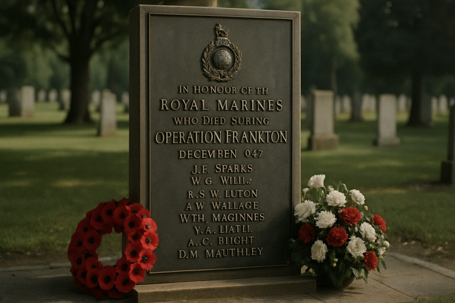 Memorial or commemoration scene showing the names of the eight Royal Marines who died during Operation Frankton