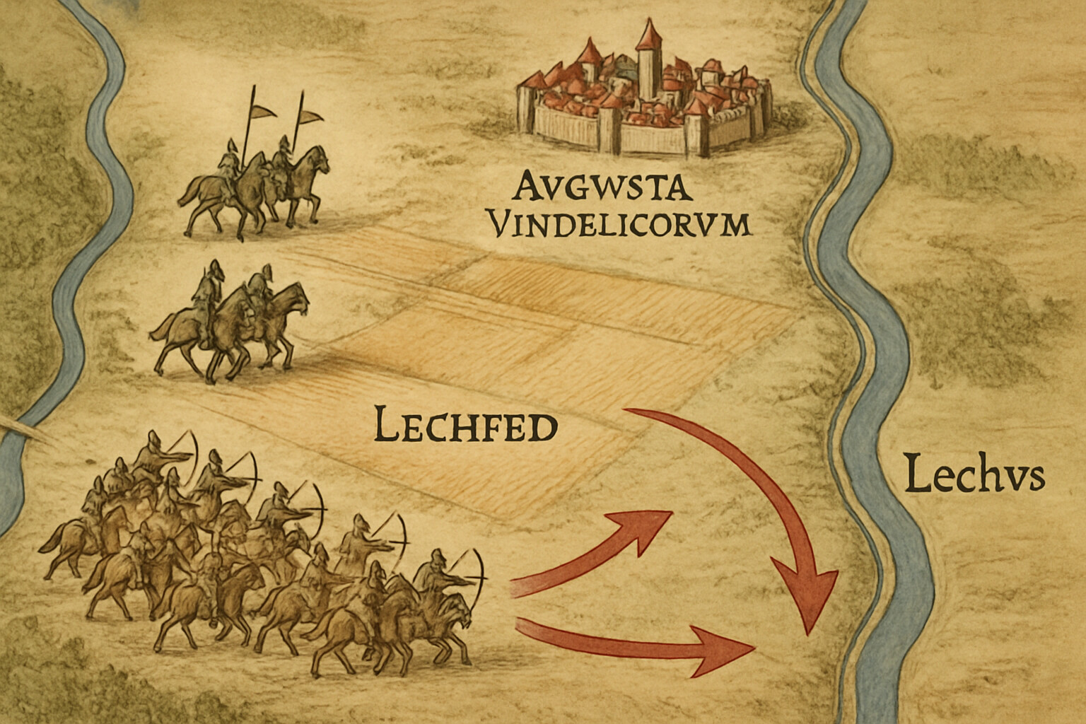 Map and geography panel: An illustrated bird's-eye view of the Lechfeld battlefield showing the Lech River to the east, the flat agricultural plain, Augsburg to the north, the German force advancing from the north, and the Magyar force positioned between the city and the plain. Period cartographic style with modern legibility.