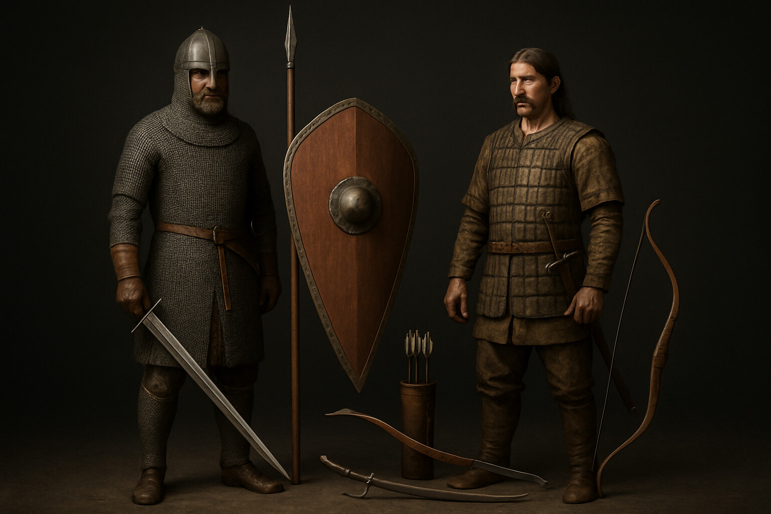 Equipment breakdown panel: A detailed display of the contrasting weapons and armor of a German armored cavalryman versus a Magyar mounted archer. Both figures shown side by side as if in a museum display, with their equipment laid out.