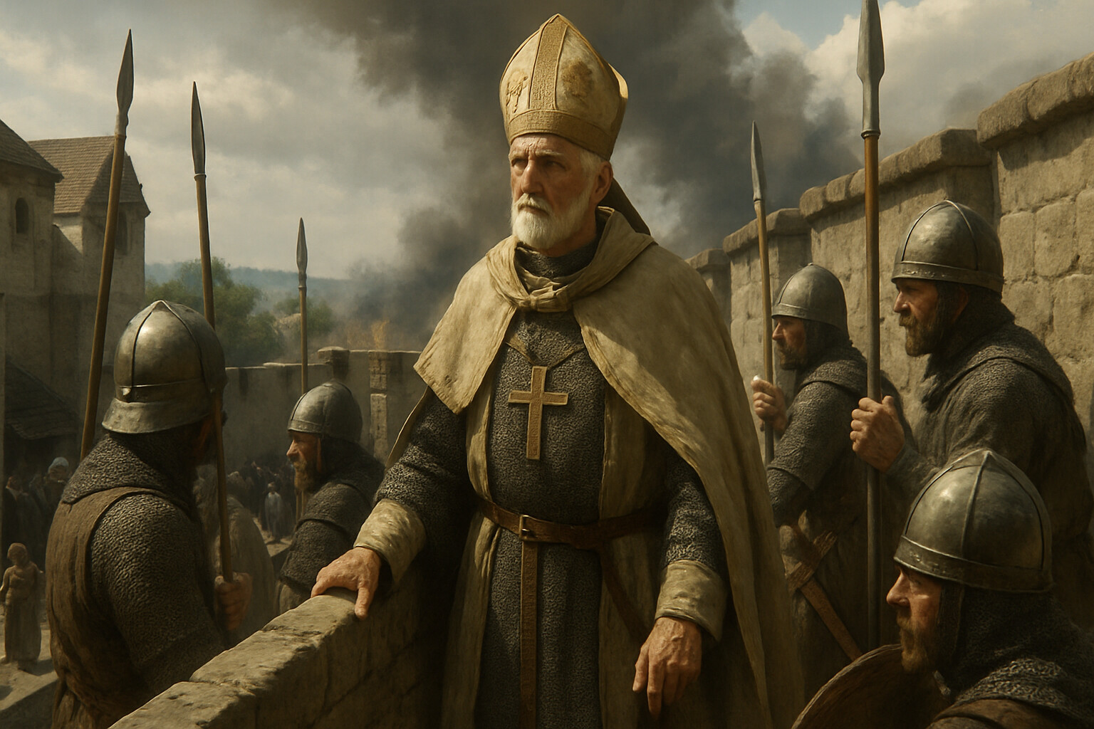 Intimate human scene: Inside Augsburg during the siege. Bishop Ulrich, an elderly cleric in bishop's vestments and armor over his robes, stands at the top of the city wall directing the garrison. Defenders around him prepare for another sortie. The sounds and smoke of the Magyar siege visible beyond the wall.