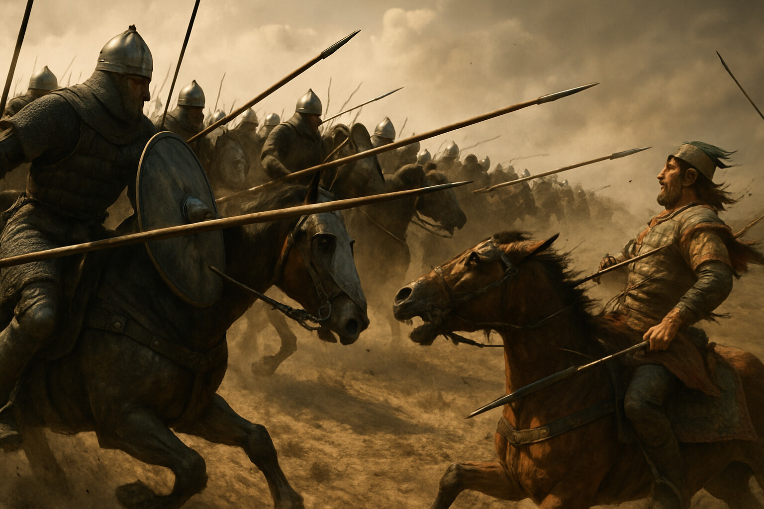 Main action panel: The decisive moment of the German cavalry charge into the Magyar force. Heavy armored knights at full gallop, lances leveled, crashing into the lighter Magyar cavalry. Chaos, impact, dust, the visual contrast between the armored mass and the lighter horsemen.