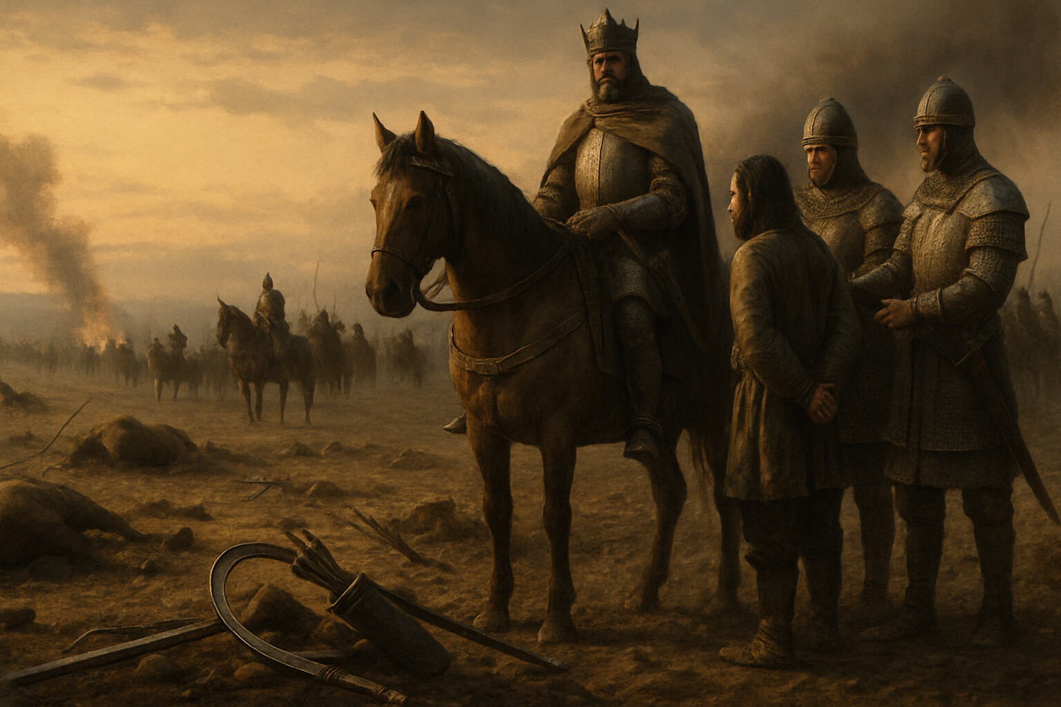 Aftermath and record scene: The immediate aftermath of the battle. Bodies and detritus of the Magyar force across the plain. In the middle distance, German knights returning from the pursuit. In the foreground, a captured Magyar leader being brought before Otto—a scene of reckoning, not triumph.