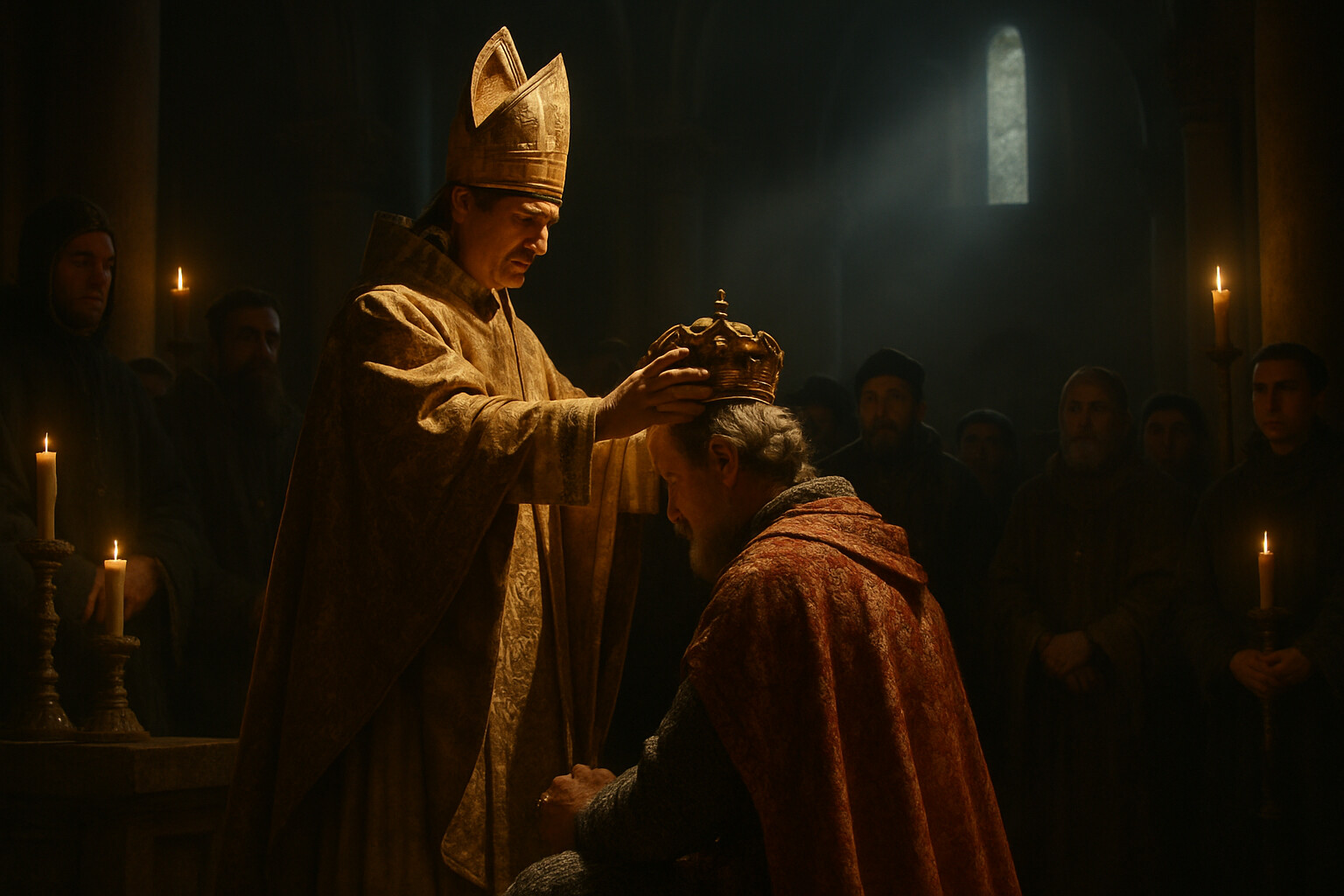 Legacy panel: Otto I in Rome in 962, receiving the imperial crown from Pope John XII. The scene should feel connected to Lechfeld—this coronation the consequence of the victory seven years before. Formal, weighty, historically grounded.