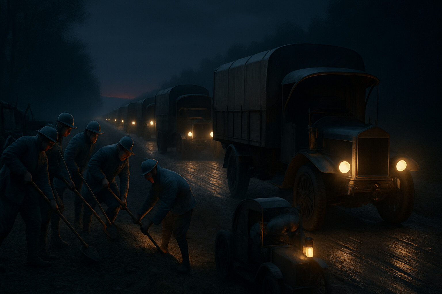 The Voie Sacrée in operation: a continuous stream of trucks moving north through the night on the road from Bar-le-Duc to Verdun, repair crews working at the roadside, territorial soldiers spreading gravel on the torn surface.