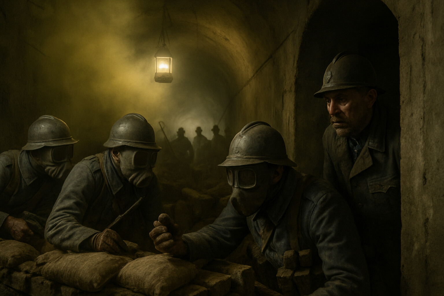 The defense of Fort Vaux: Commandant Raynal and his garrison fighting in the dark interior corridors of the fort, using grenades and improvised barriers against German forces who have entered the superstructure.