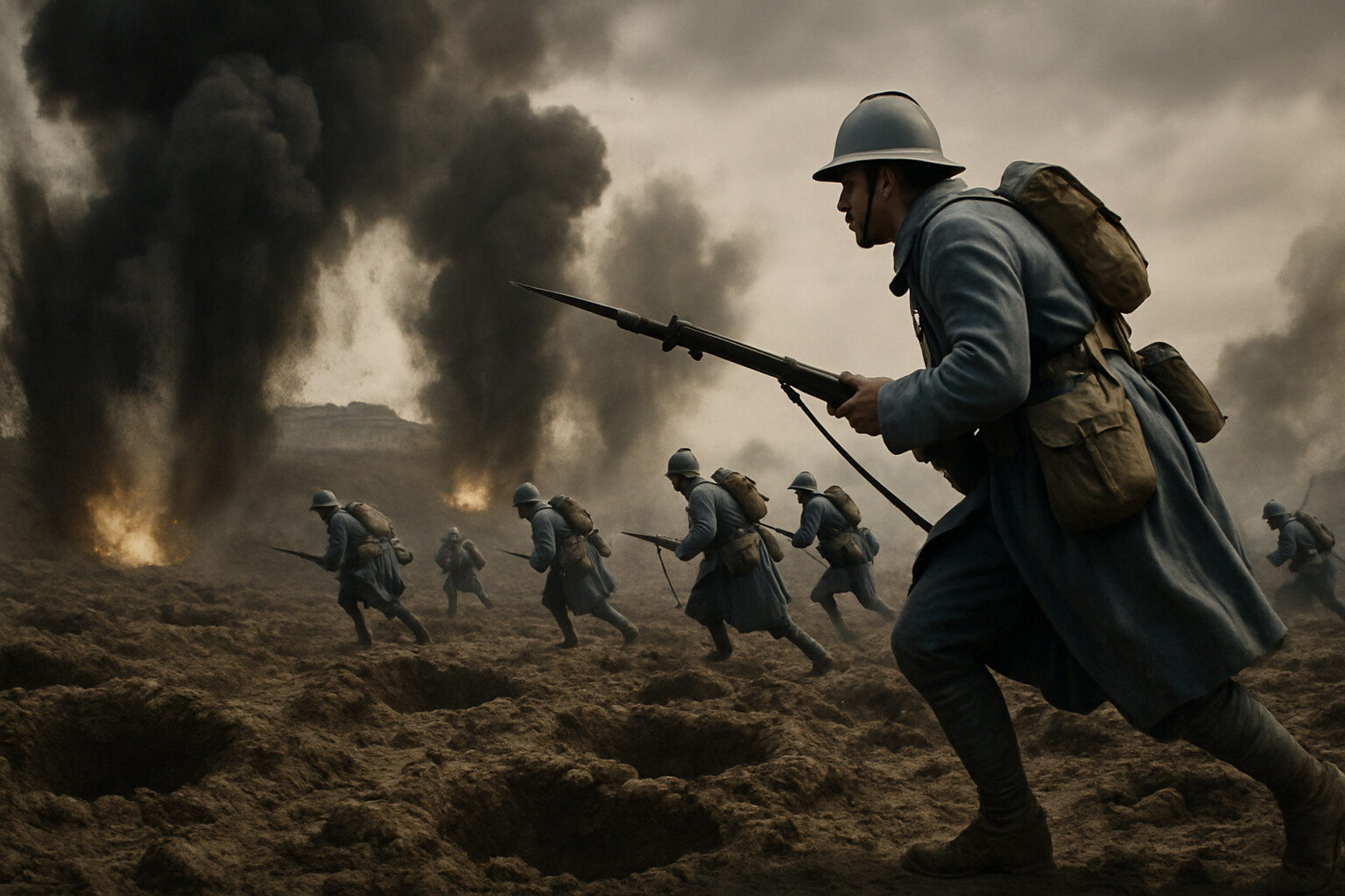 French infantry in the attack during the recapture of Fort Douaumont, October 24, 1916 — soldiers advancing close behind the rolling artillery barrage, shells exploding just ahead of them as they cross the cratered ground.