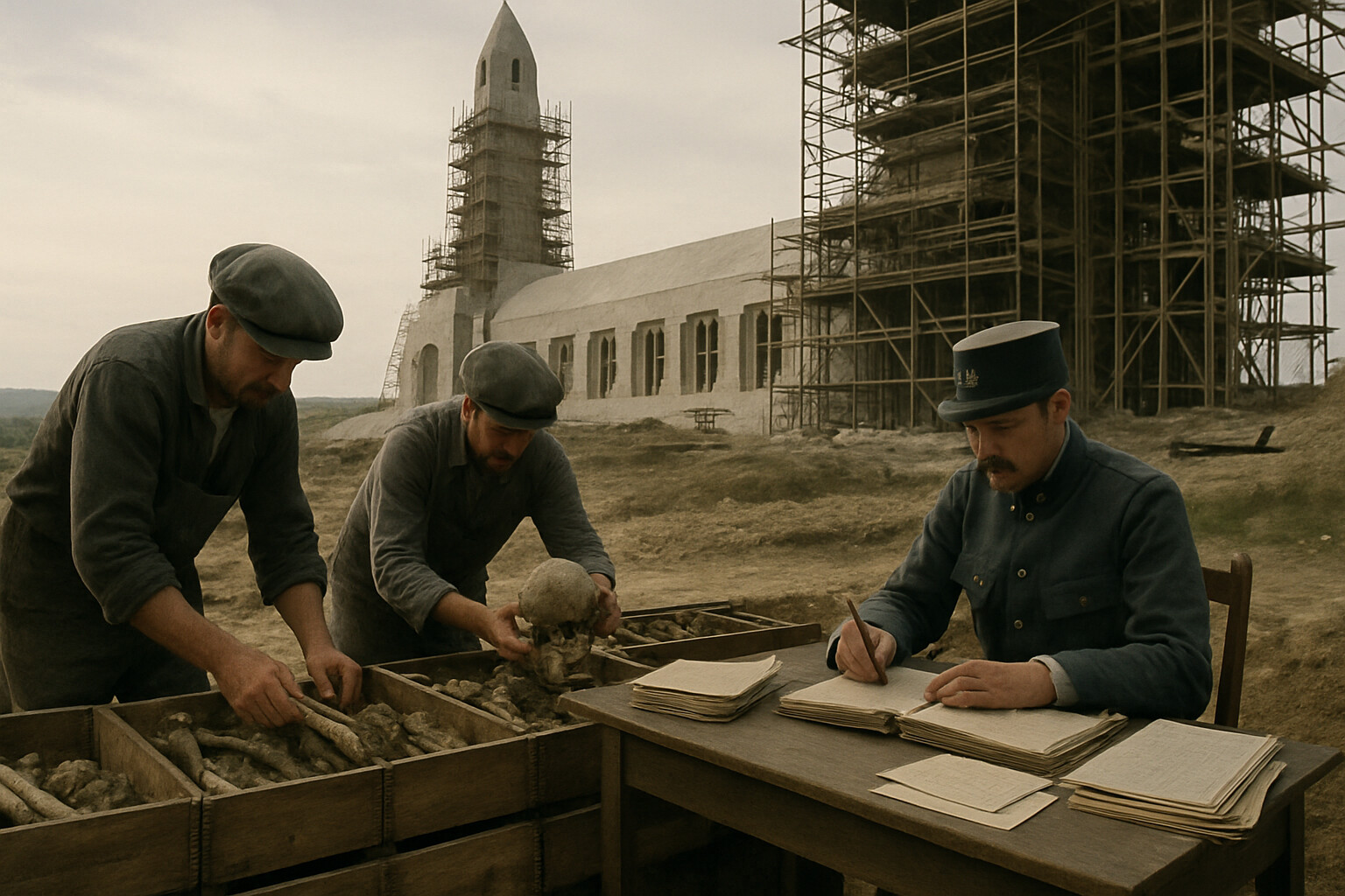 Aftermath and record: The Douaumont Ossuary under construction, 1920s — workers placing bones and unidentified remains; a French records officer with notebooks and casualty lists; the scale of what needs to be documented is visible in the rows of remains.