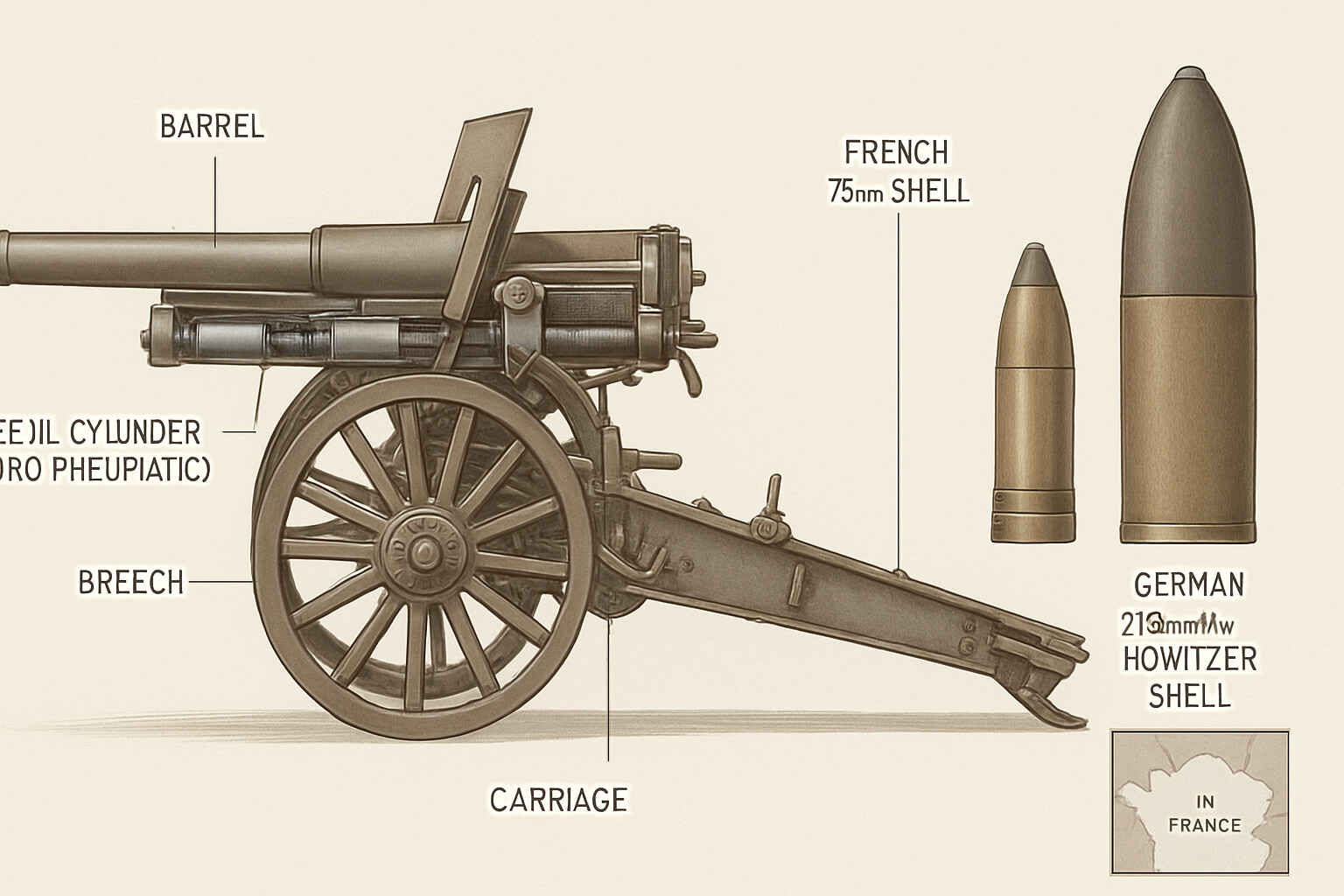 diagram panel: A cross-section technical illustration of the French Canon de 75 field gun, showing its revolutionary hydro-pneumatic recoil mechanism — the feature that allowed rapid fire — alongside the German 210mm howitzer's relative shell size for scale comparison.