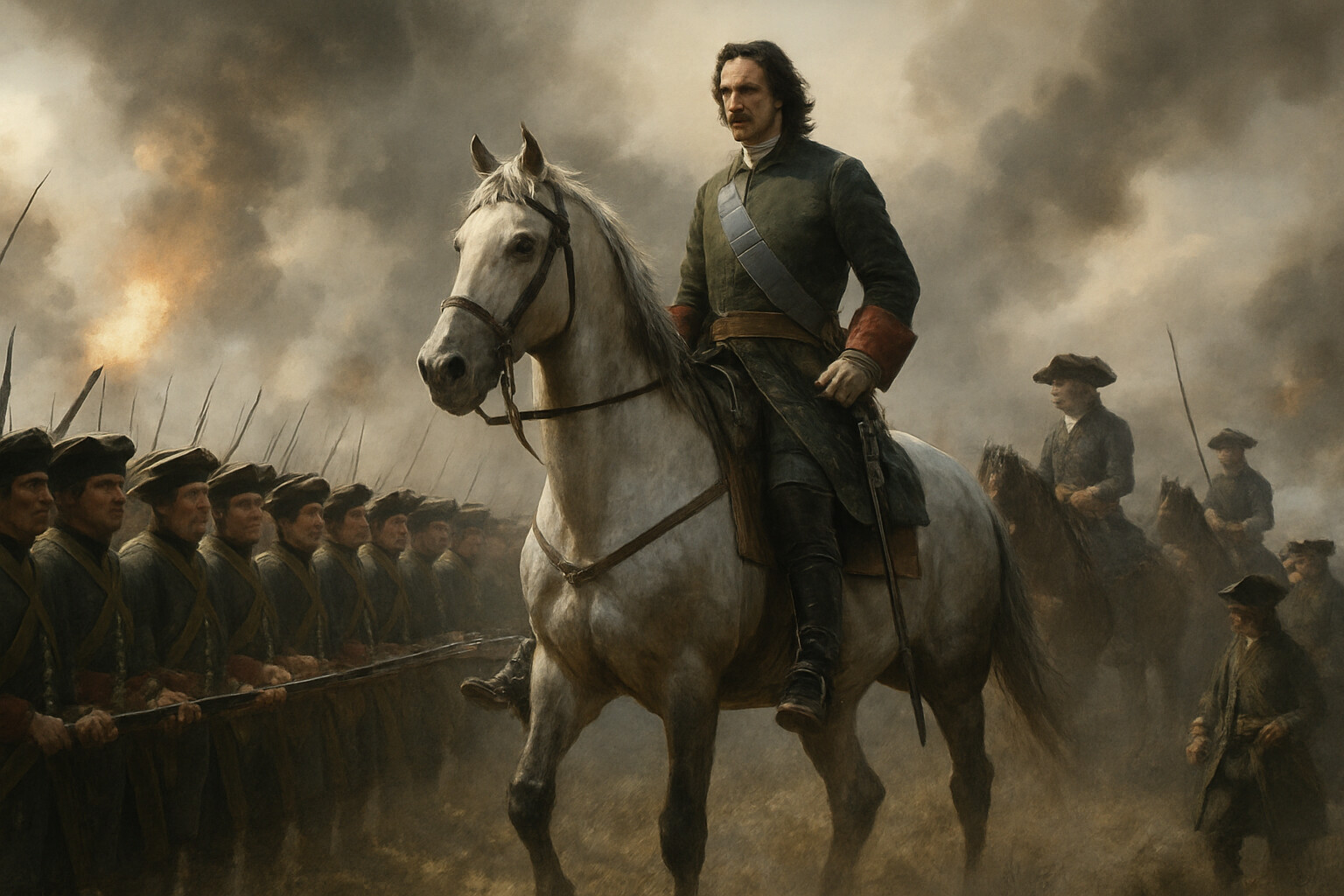 Peter the Great on horseback during the battle, tall and physically commanding, riding along the Russian infantry line at a point of crisis, clearly visible to the troops around him. His presence on the field rallying the formation.