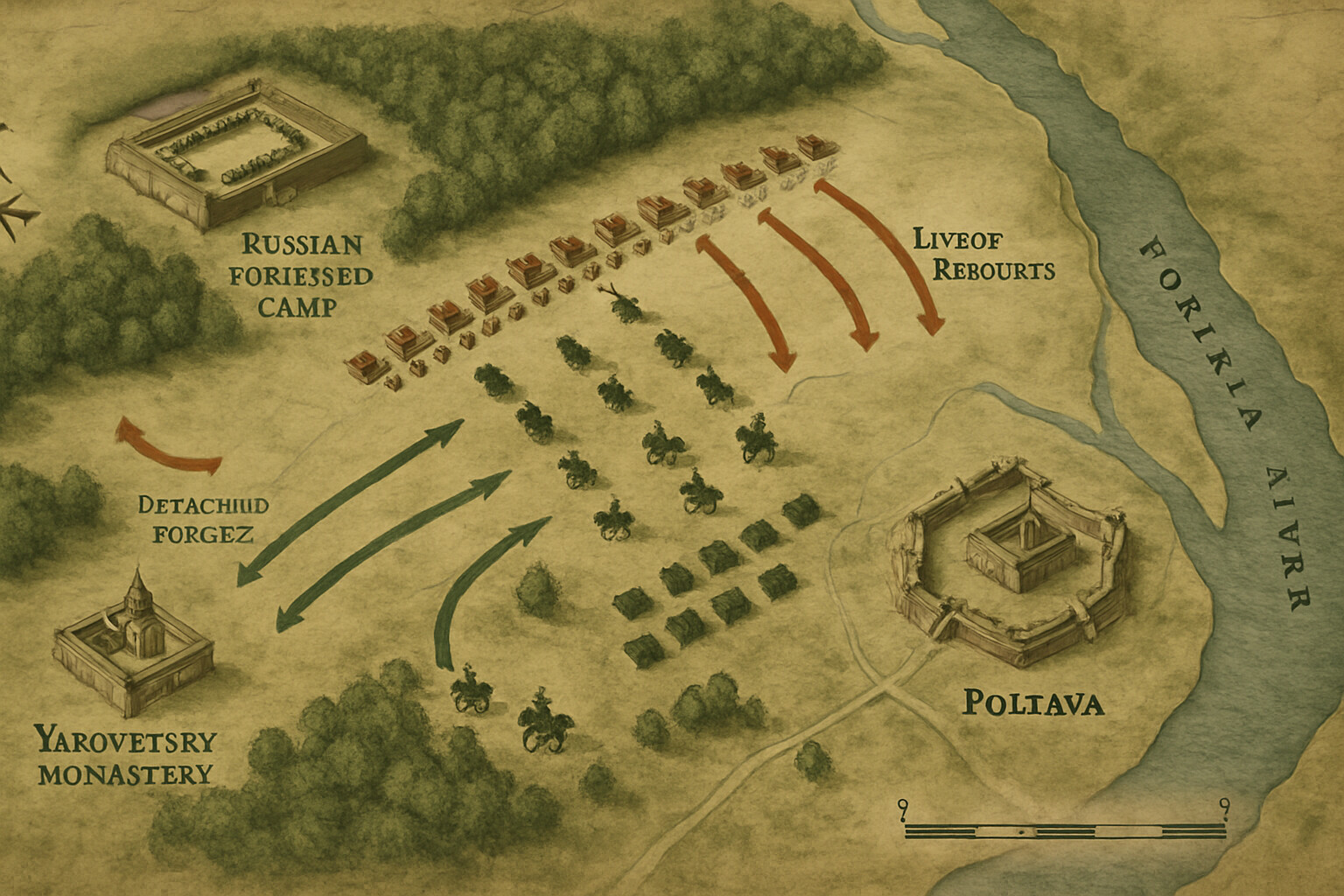 Tactical map panel: A period-style illustrated map of the Poltava battlefield showing the Russian fortified camp, the redoubt line, the Swedish advance columns, Roos's separated force, and the Vorskla River — anchoring the viewer in the geography of the battle.