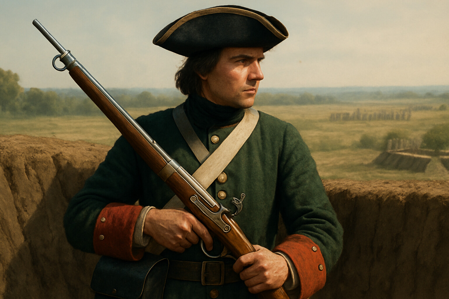 Equipment panel: Close-up detailed view of a Russian infantry soldier's kit at Poltava — flintlock musket with ring bayonet, cartridge box, uniform coat — laid out or worn, with the Poltava redoubts visible in soft focus behind.