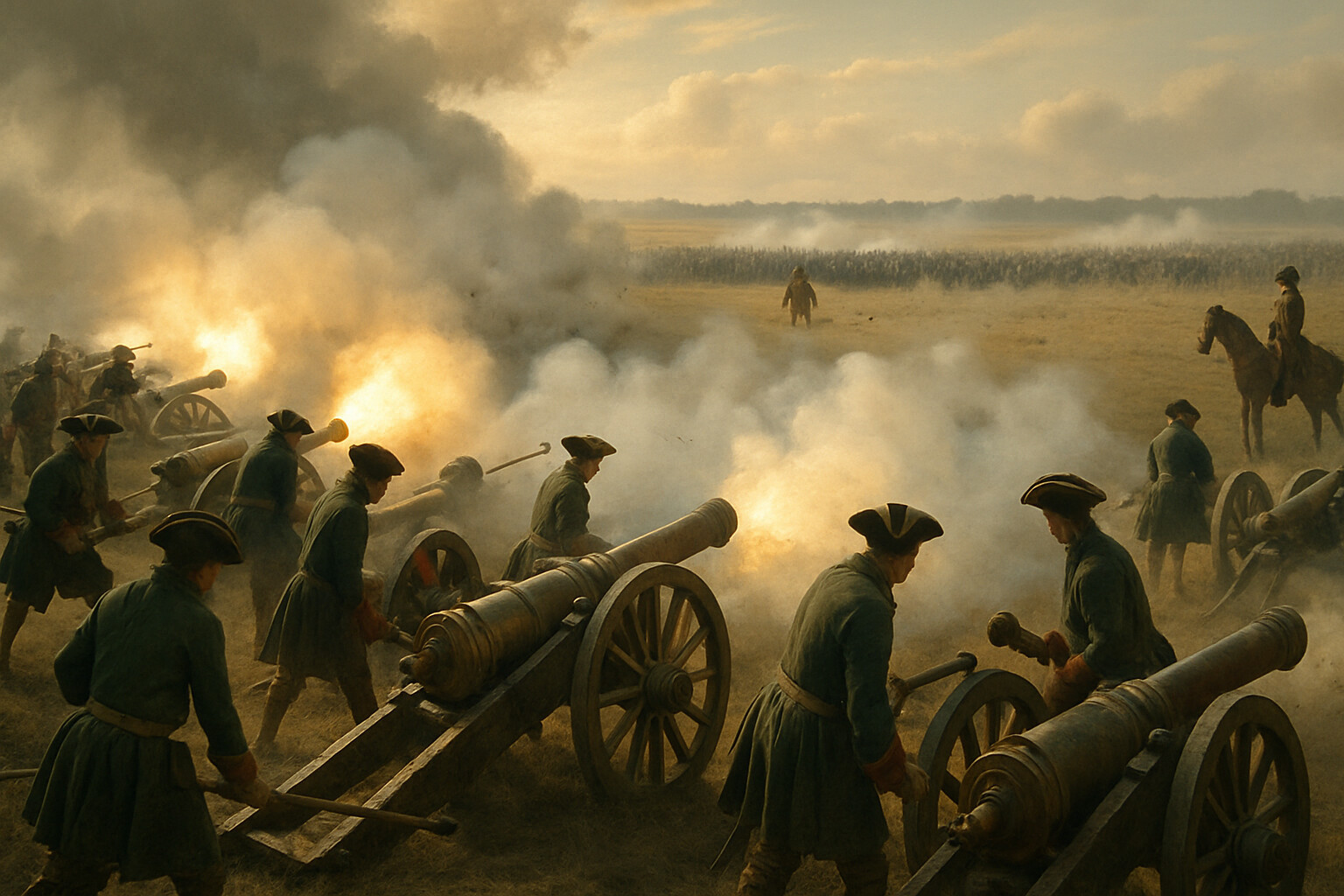 The decisive moment: Russian artillery opening en masse on the advancing Swedish battle line in the open ground between the redoubts and the Russian camp. Multiple guns firing simultaneously, Swedish formations visible in the smoke and impact pattern across the plain.