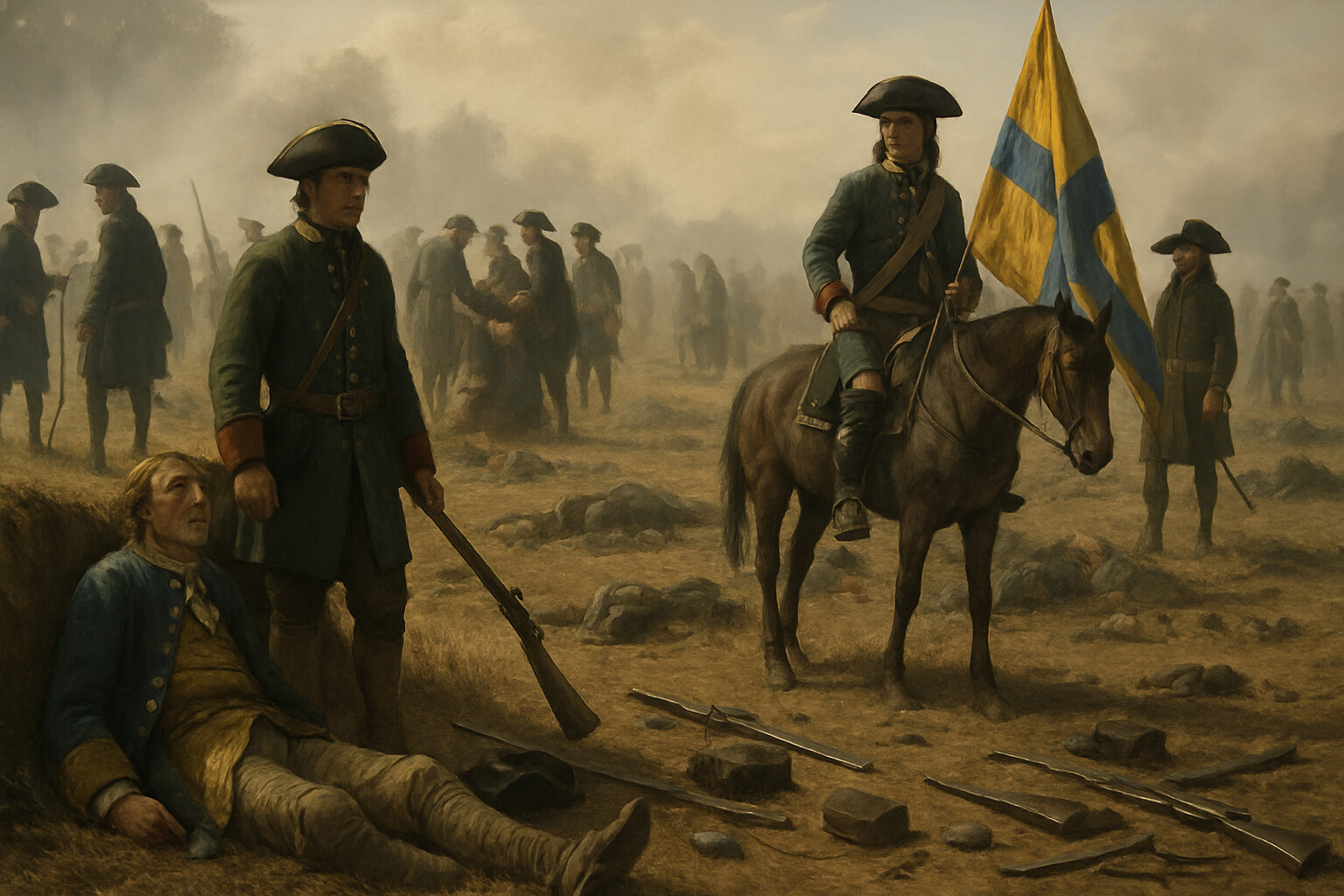 The human cost: aftermath scene on the Poltava battlefield. Russian soldiers and officers moving through the ground where the Swedish line broke, among the fallen, in the quiet that follows the fighting. A captured Swedish regimental standard being carried past Russian troops.