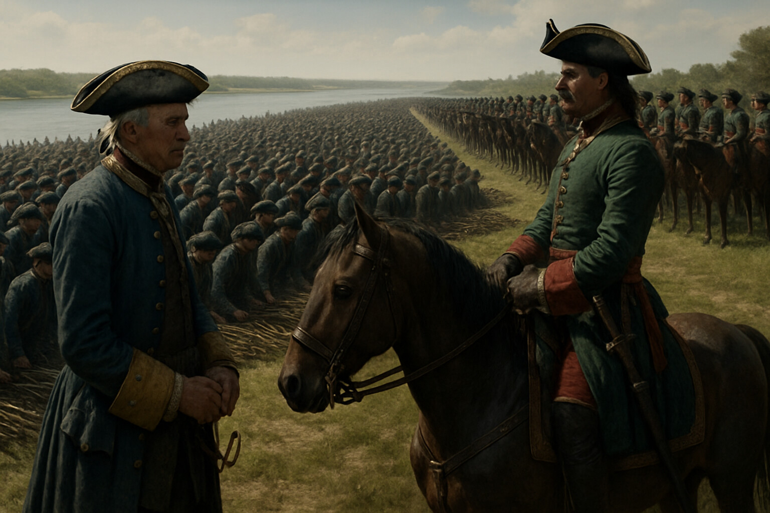 The surrender at Perevolochna: Löwenhaupt and the Swedish remnant — thousands of men — laying down their arms on the bank of the Dnieper River before Menshikov's Russian cavalry, three days after Poltava. Scale and finality of the scene.