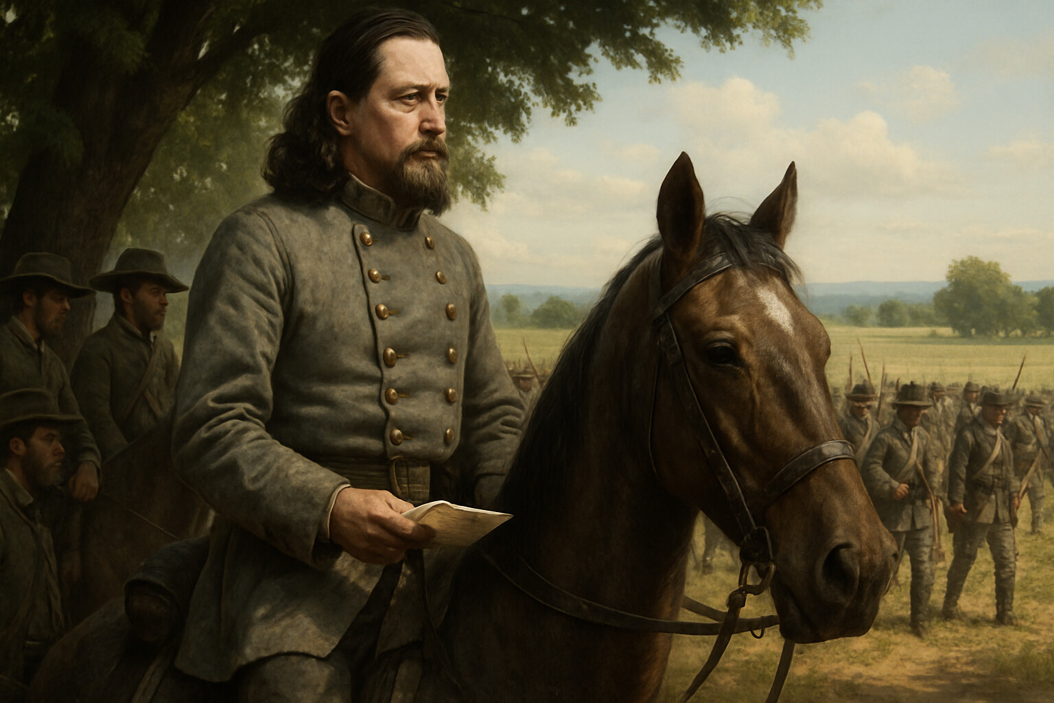 Portrait of George Pickett at Gettysburg — the commander before the assault, watching his division prepare to advance from a position behind the line.