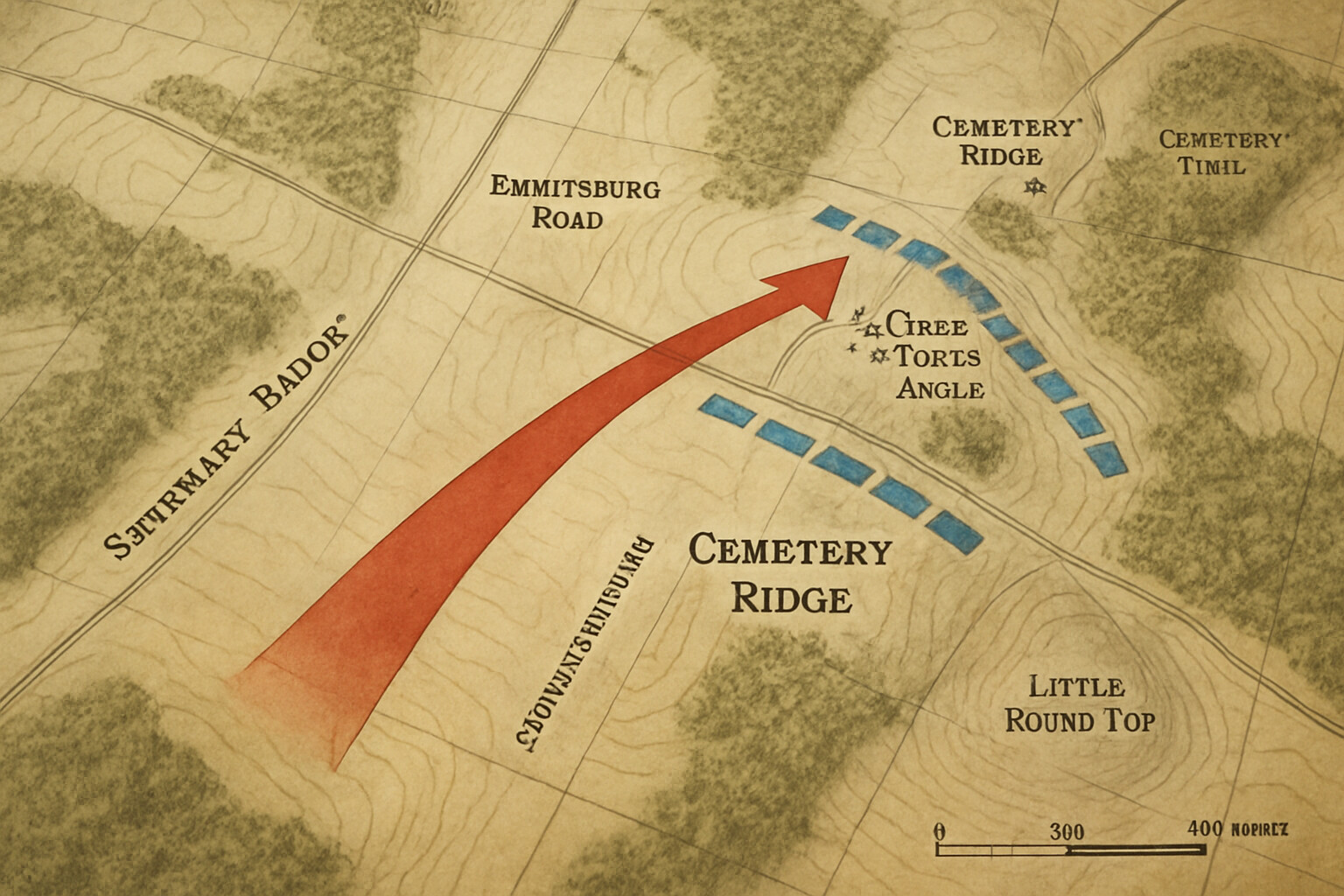 Tactical diagram / map panel showing the assault route across the valley from Seminary Ridge to Cemetery Ridge, with key terrain features labeled.