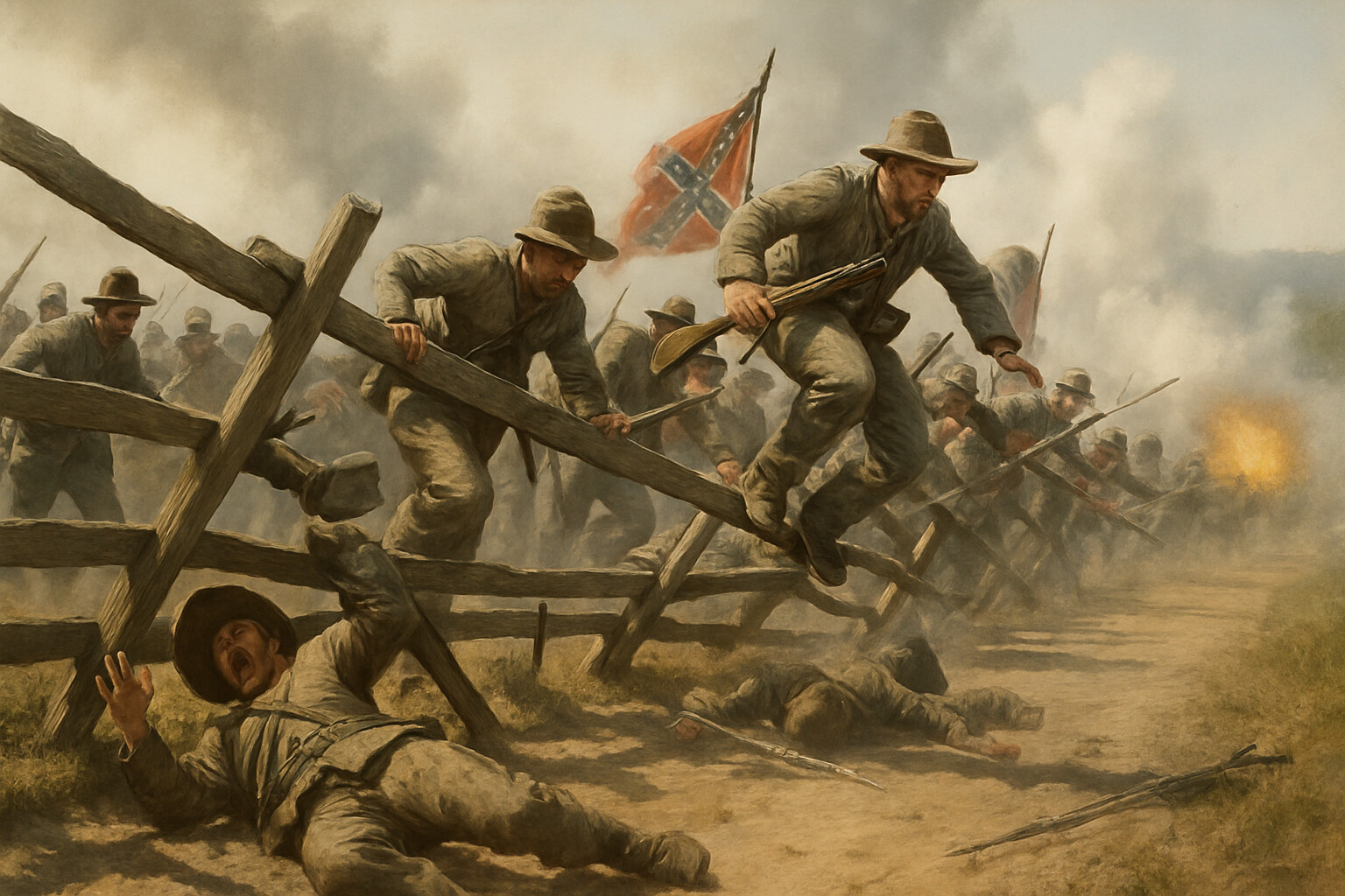 Confederate infantry crossing the Emmitsburg Road — men climbing over post-and-rail fences under fire, ranks breaking and bunching while artillery and rifle fire strikes around them.