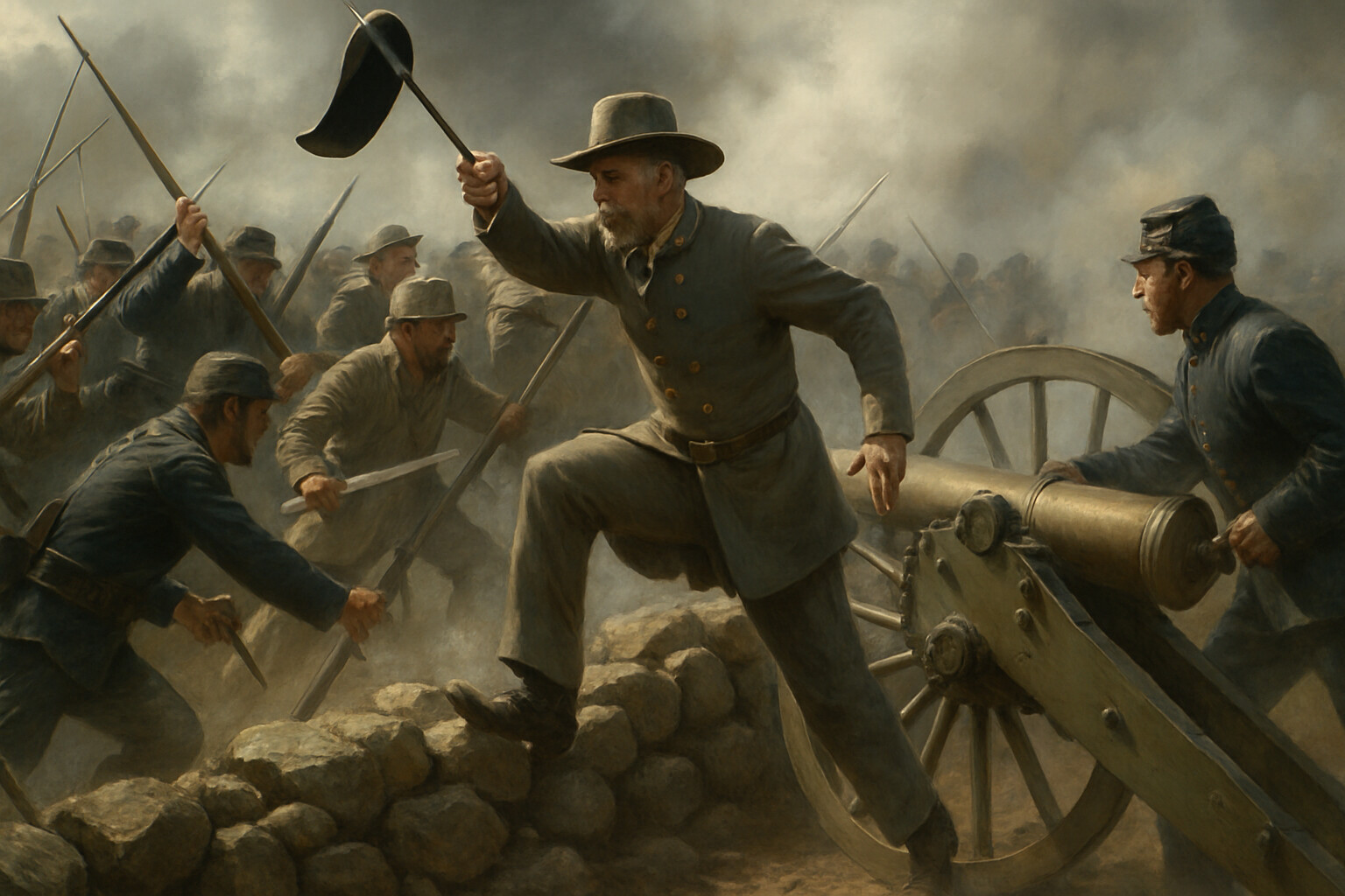 Brigadier General Lewis Armistead leading the final breakthrough at the Angle — hat on sword tip, crossing the stone wall, reaching a Union cannon.