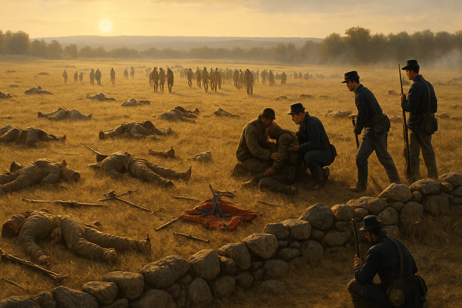 The aftermath on the battlefield — Confederate wounded and dead across the open fields between the ridges in the late afternoon, survivors making their way back toward Seminary Ridge.