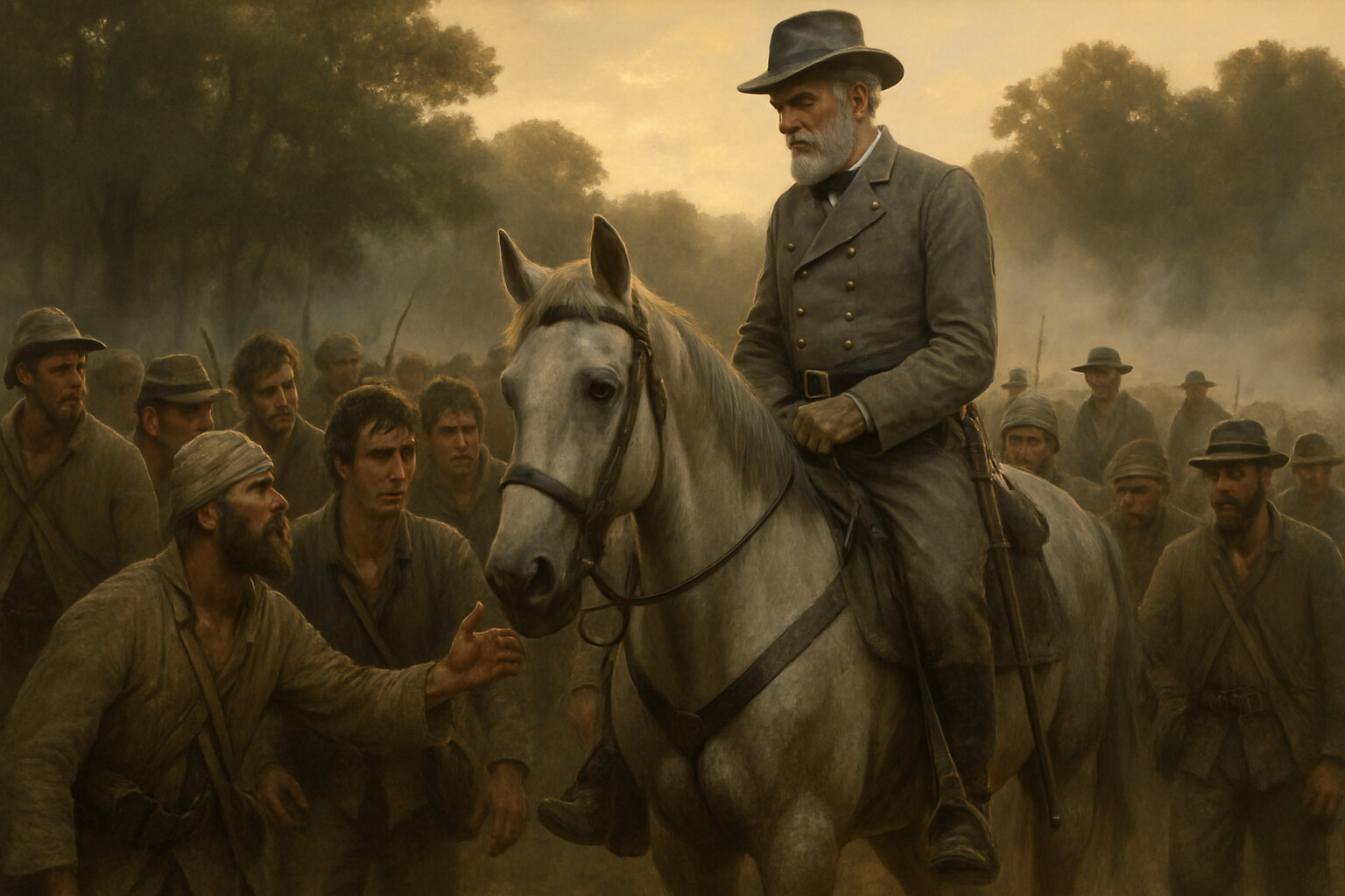 Robert E. Lee riding among the returning Confederate survivors, his posture and bearing conveying the acknowledgment of responsibility — a documented and historically significant moment.