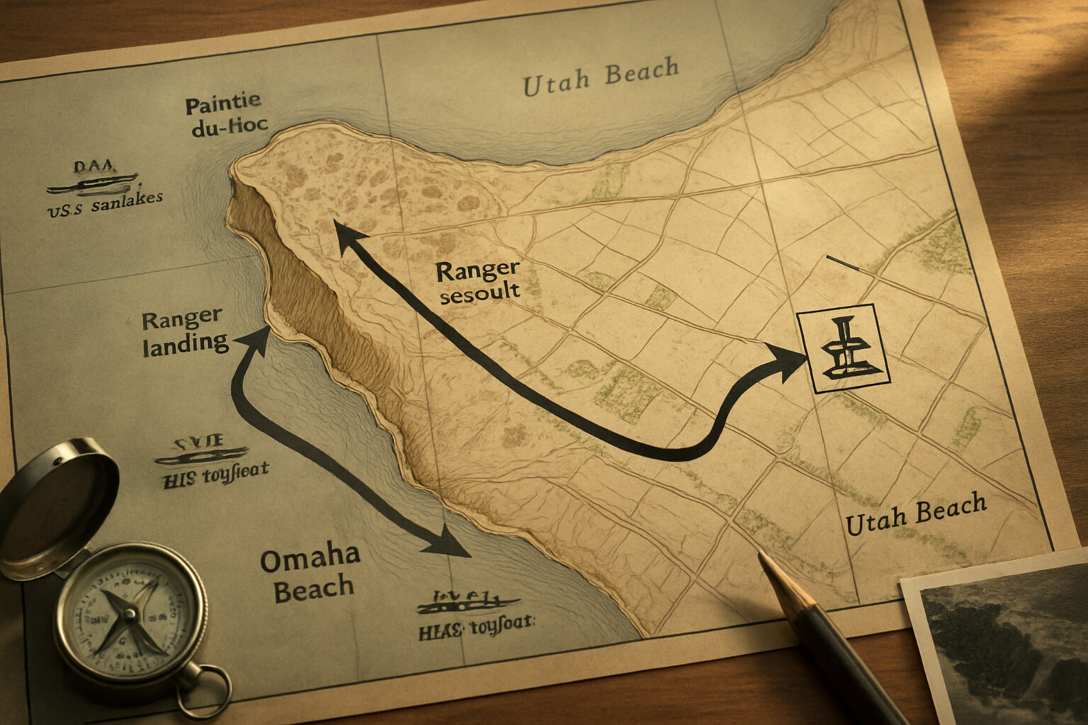 Map/route panel: Overhead tactical map view of Pointe du Hoc and the surrounding Normandy coastline showing the Ranger approach, the cliff assault, and the inland patrol to the guns