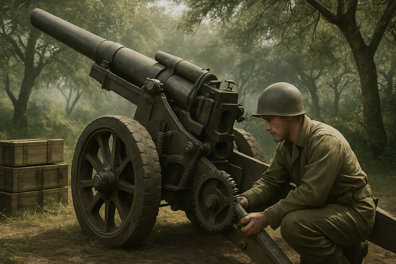 Equipment/weapon breakdown panel: The 155mm GPF gun found inland, with a Ranger placing a thermite grenade on the traversing mechanism
