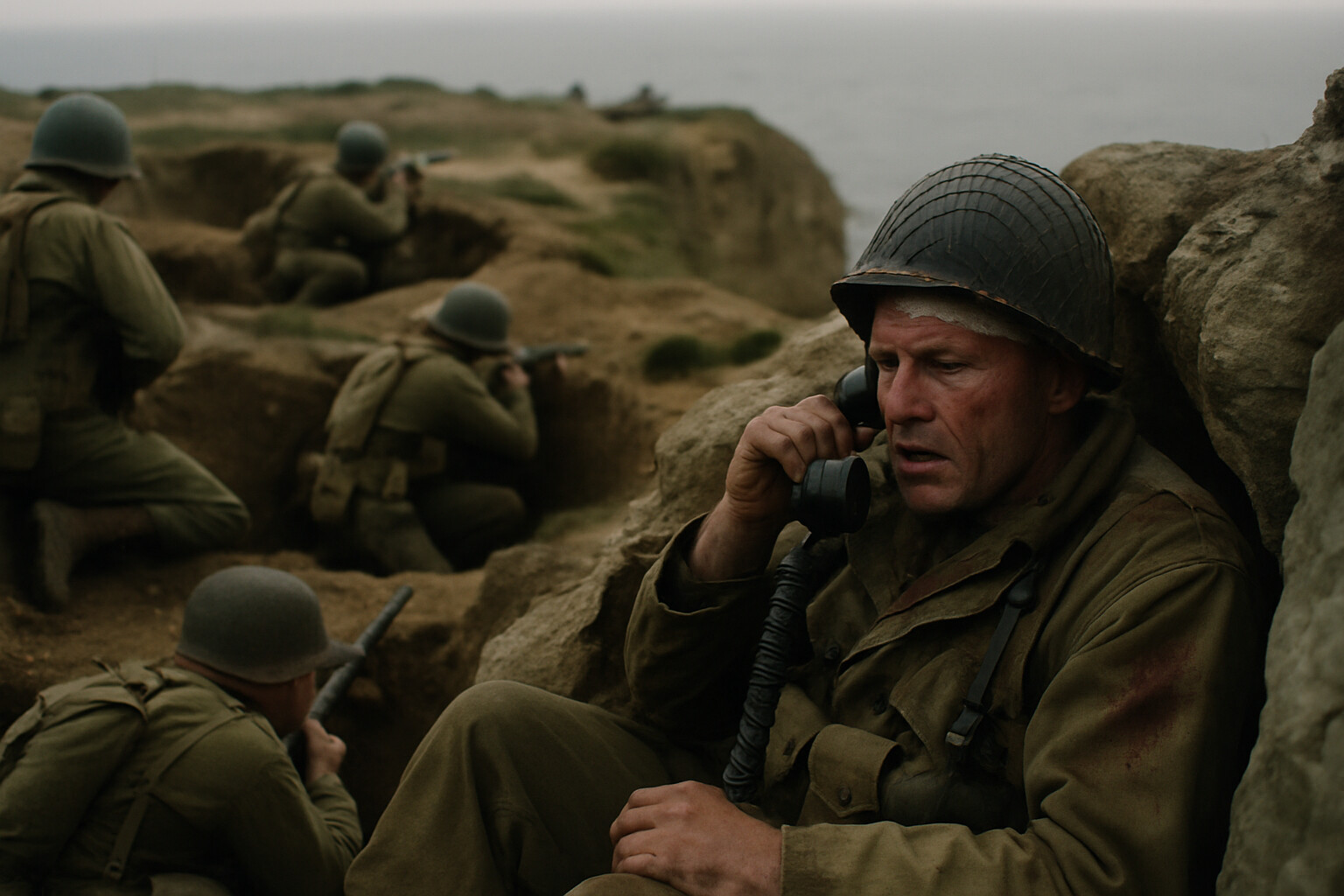 Intimate human scene: Rudder at his cliff-top command post in a crevice near the cliff edge, wounded, directing the defense over a field radio, Rangers around him in fighting positions among bomb craters