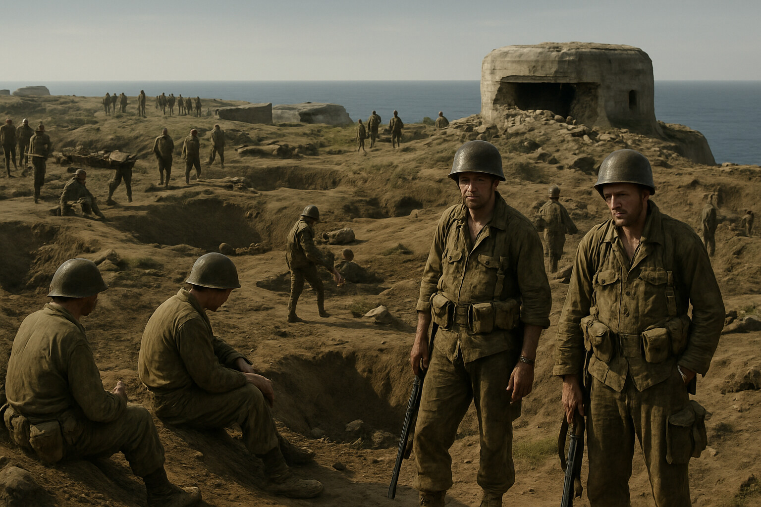 Aftermath/record scene: The Pointe du Hoc plateau after relief on June 8, damaged concrete casemates, surviving Rangers and relieving troops amid the cratered landscape