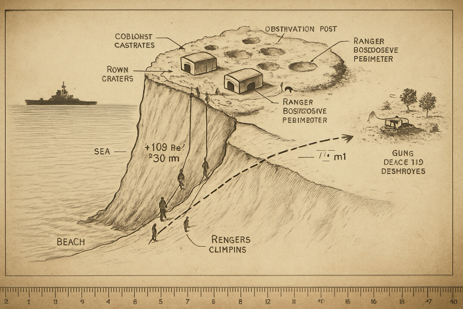 Technical/source diagram panel: Cross-section diagram of the Pointe du Hoc cliff and plateau showing the assault route, German defensive positions, and the relationship between the beach, cliff, and the inland gun position